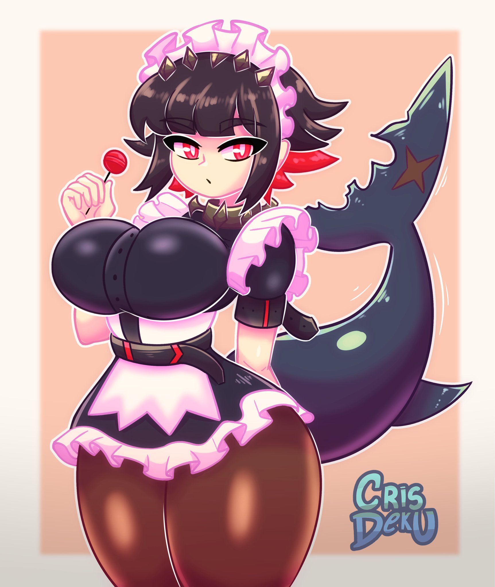 big breasts, big thighs, big titties, breasts, clothing, crisdeku, curvaceous, curvaceous female, curvaceous figure, curvy, curvy figure, curvy hips, ellen joe, female, female focus, female only, hoyoverse, looking at viewer, maid, maid headdress, maid uniform, red eyes, shark girl, shark tail, short hair, thick thighs, thigh highs, uniform, zenless zone zero