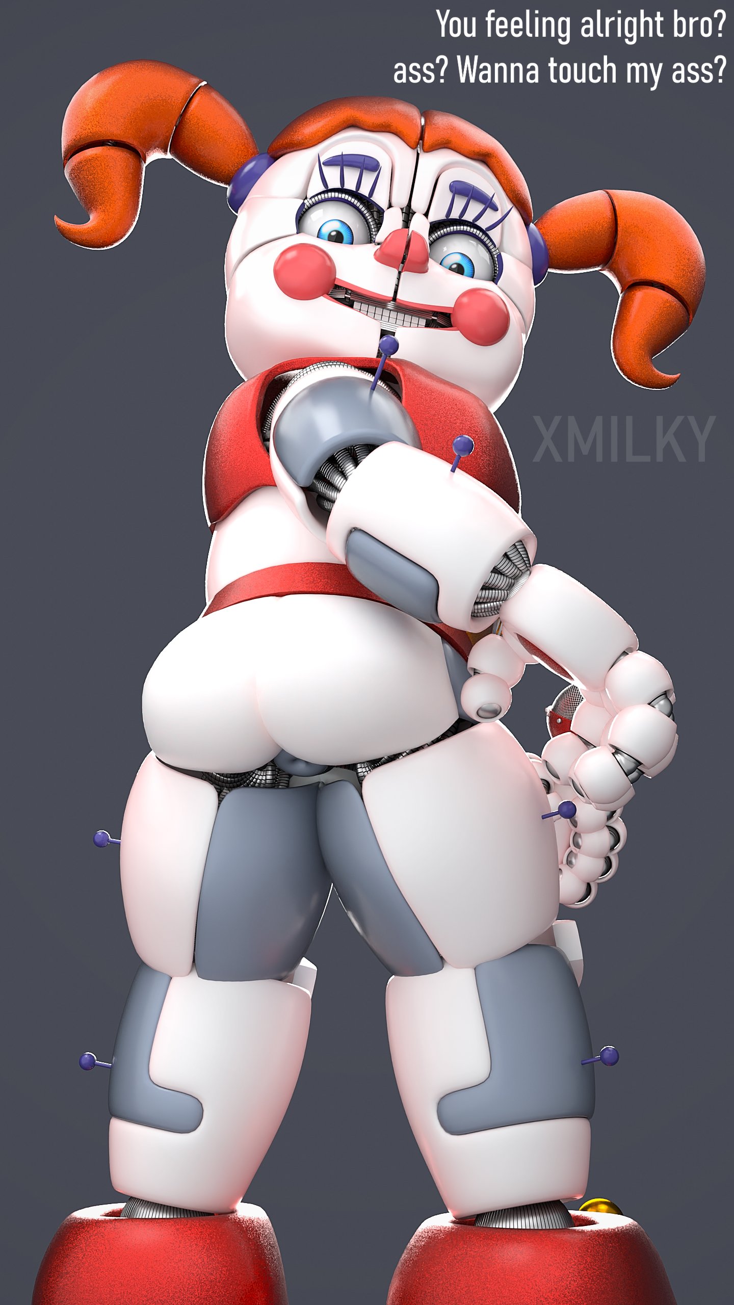 1girls, 3d, 3d (artwork), accurate model, anus, ass, baby (fnafsl), big ass, blue eyes, circus baby, circus baby (fnaf), circus baby (original), female, five nights at freddy's, five nights at freddy's: sister location, high resolution, highres, looking at viewer, on model, robot, robot girl, robot humanoid, solo, thick thighs, thighs, twintails, white skin, x3milky