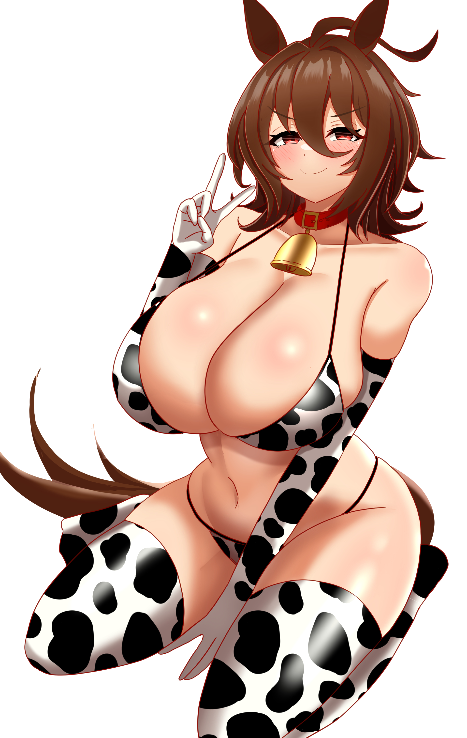1girls, ael7727, agnes tachyon (umamusume), ahoge, animal ears, animal print, bikini, breasts, brown hair, cow print, cow print bikini, cowbell, elbow gloves, female, female only, gloves, hair between eyes, horse ears, horse girl, horse tail, huge breasts, looking at viewer, red eyes, short hair, smile, solo, swimsuit, umamusume, umamusume pretty derby, v