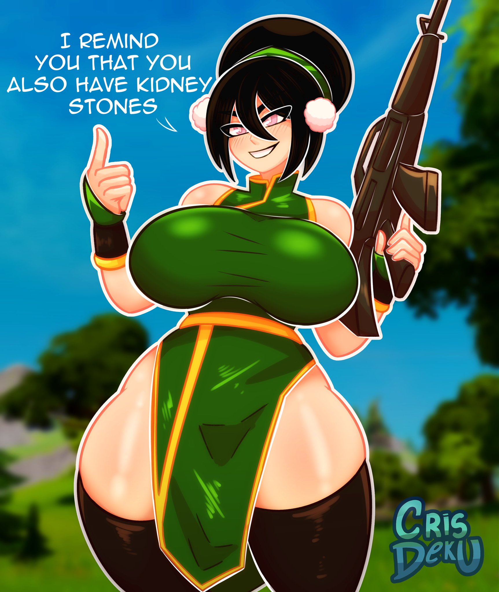 avatar the last airbender, big ass, big breasts, big butt, big thighs, big titties, black hair, breasts, clothing, crisdeku, curvaceous, curvaceous female, curvaceous figure, curvy, curvy figure, curvy hips, epic games, female, female focus, female only, fortnite, fortnite: battle royale, short hair, thighhighs, toph bei fong