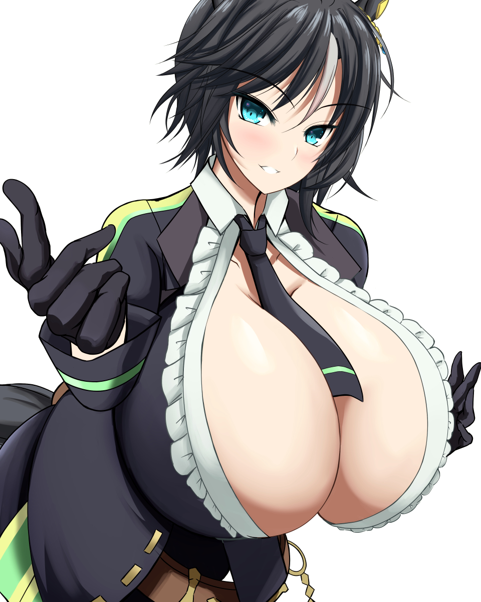 1girls, black gloves, black hair, blue eyes, breasts, center opening, cleavage, female, female only, fuji kiseki (umamusume), gloves, horse ears, horse girl, huge breasts, light skin, light-skinned female, looking at viewer, mitani27, open clothes, smile, streaked hair, suit, tie, umamusume, umamusume pretty derby