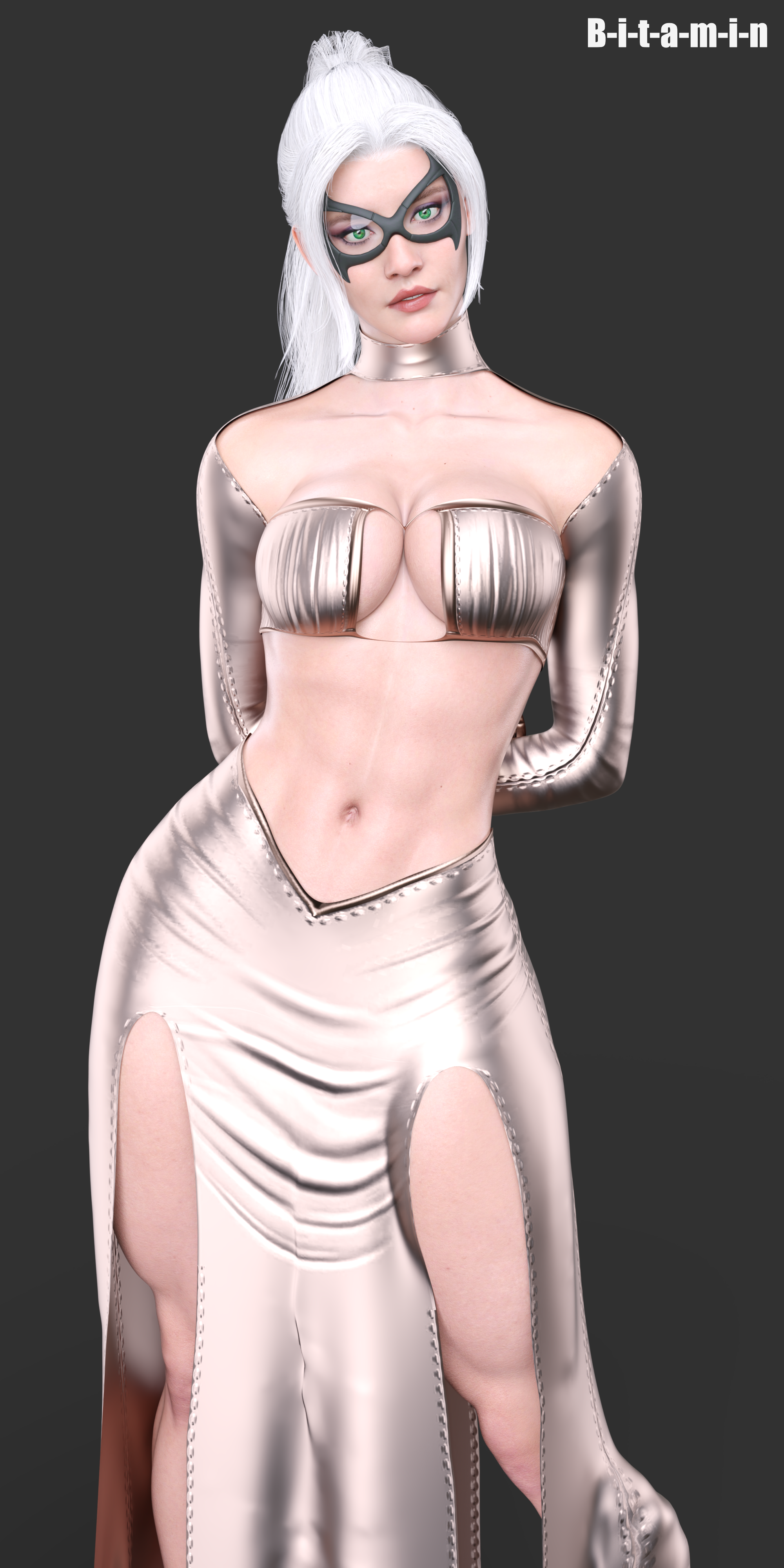 1girls, 2025, 3d, 3d (artwork), abs, b-i-t-a-m-i-n, black cat (insomniac), black cat (marvel), busty, felicia hardy, female, female focus, female only, hourglass figure, marvel, marvel comics, simple background, skimpy, skimpy clothes, solo, solo female, spider-man (insomniac series), spider-man (ps4), spider-man (series), spider-man 2 (ps5), wide hips