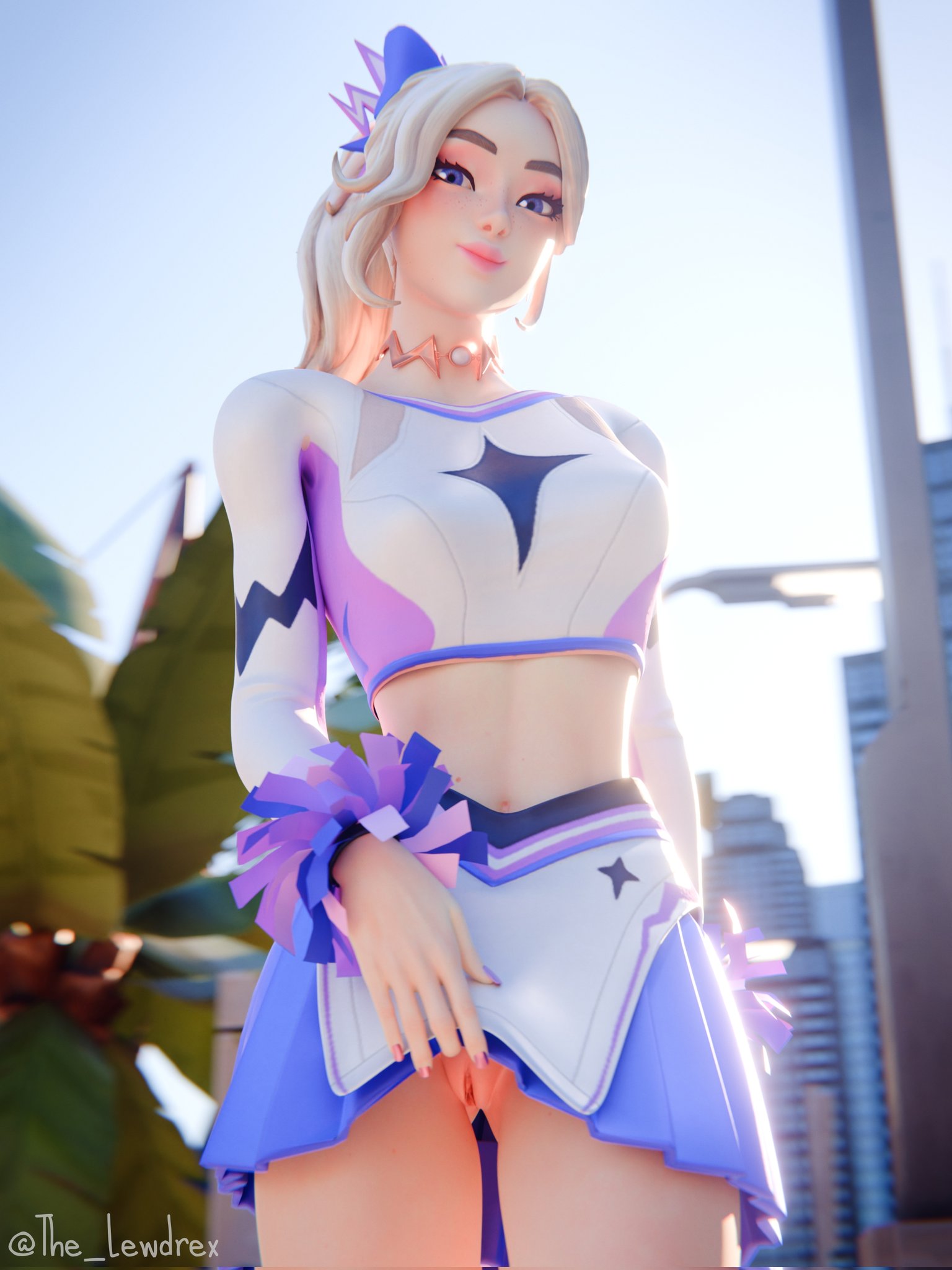 1girls, 2025, 3d, 3d (artwork), blender, blonde female, blonde hair, blue eyes, cheerleader, cheerleader uniform, close-up, clothed, clothing, detailed background, epic games, female, female focus, female only, fortnite, fortnite: battle royale, haylee skye (fortnite), hi res, highres, lewdrex, light skin, light-skinned female, no panties, no panties under skirt, ponytail, pussy, pussy lips, pussy peek, shaved crotch, shaved pussy, showing off, showing pussy, skirt, skirt lift, skirt up, smile, smiling, tank top, uniform, upskirt, vagina, watermark