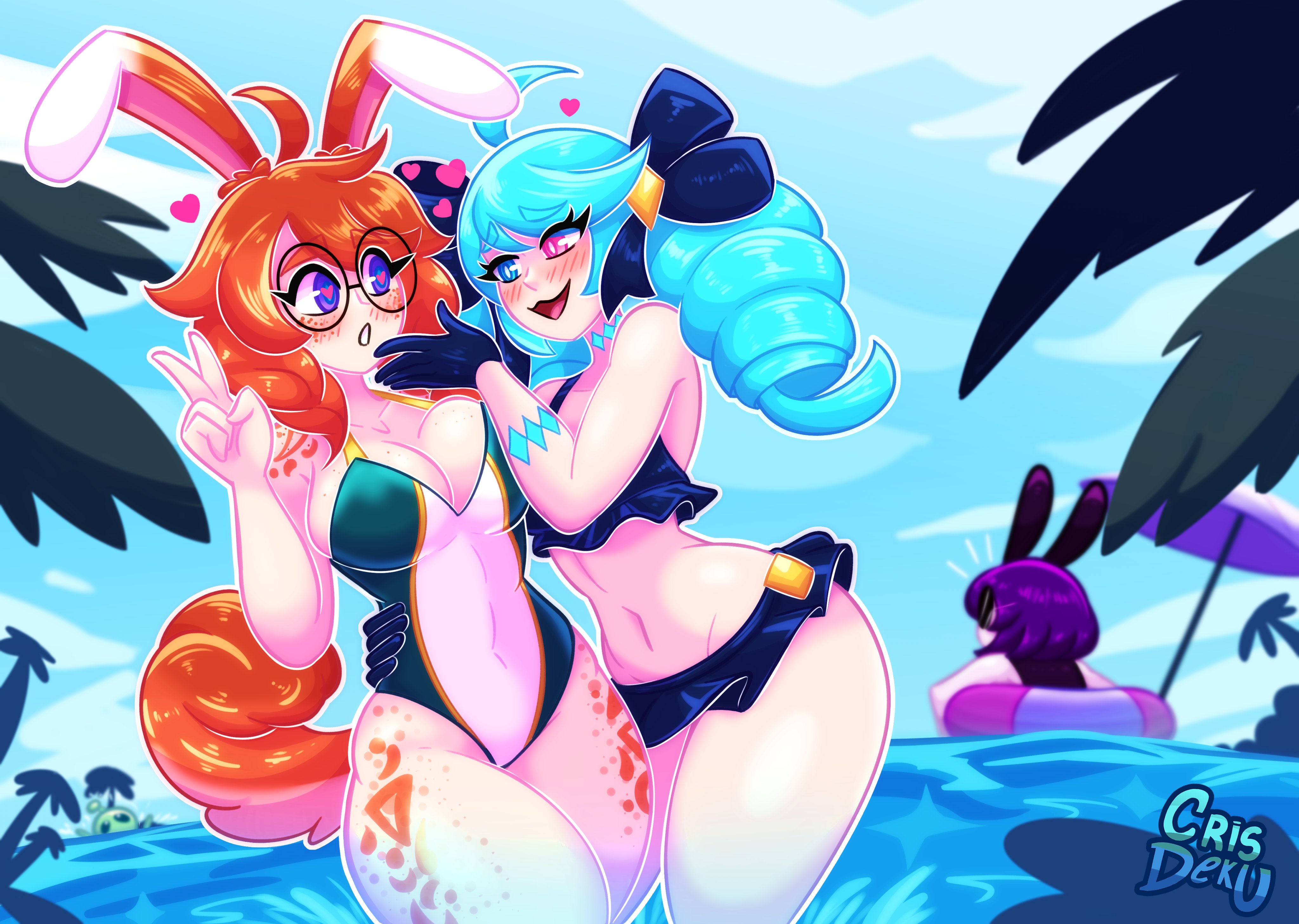 aurora (league of legends), big ass, big breasts, big butt, big thighs, big titties, bikini, blue hair, breasts, bunny ears, bunny girl, clothing, crisdeku, curvaceous, curvaceous female, curvaceous figure, curvy, curvy figure, curvy hips, female, female focus, female only, glasses, gwen (league of legends), heart, heart-shaped pupils, league of legends, lesbian focus, long hair, one-piece swimsuit, orange hair, riot games, swimsuit, yuri
