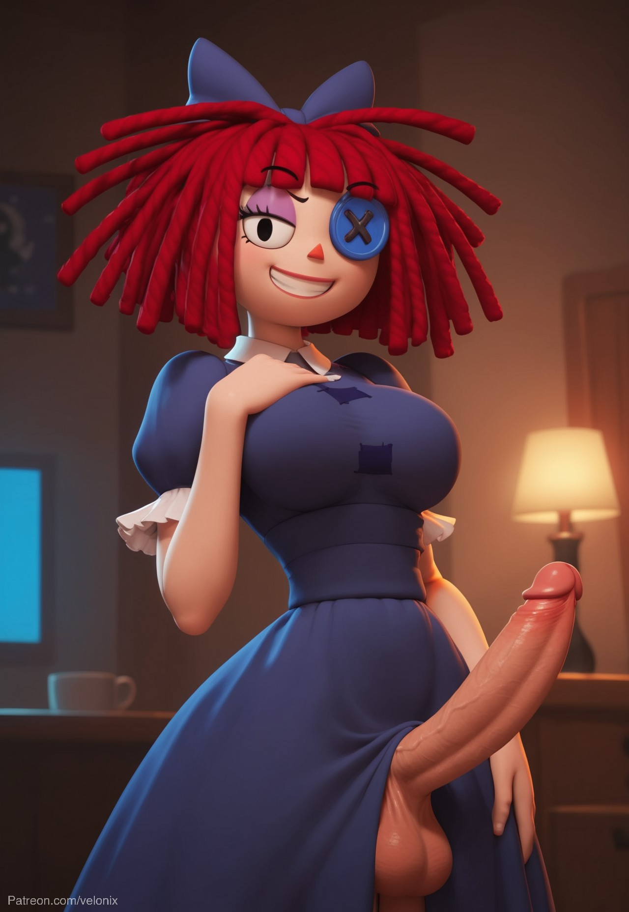 1futa, ai generated, ass, balls, big ass, big breasts, big butt, big hips, big penis, blue dress, breasts, button eyes, cleavage, dick, dickgirl, digital circus, dress, eyebrows, eyelashes, eyeshadow, flaccid, flaccid penis, futa only, futanari, grin, grinning, grinning at viewer, hair, hands-free, huge cock, indoors, intersex, lips, long hair, looking at viewer, makeup, narrow waist, narrowed eyes, nose, penis, pulling up dress, puppet, ragatha, ragatha (the amazing digital circus), red hair, ribbon, seducing, seductive, seductive eyes, seductive gaze, seductive look, seductive mouth, seductive pose, seductive smile, smile, smile at viewer, smiley face, smooth balls, smooth penis, smooth skin, solo, solo dickgirl, solo focus, solo futa, testicles, the amazing digital circus, velonix