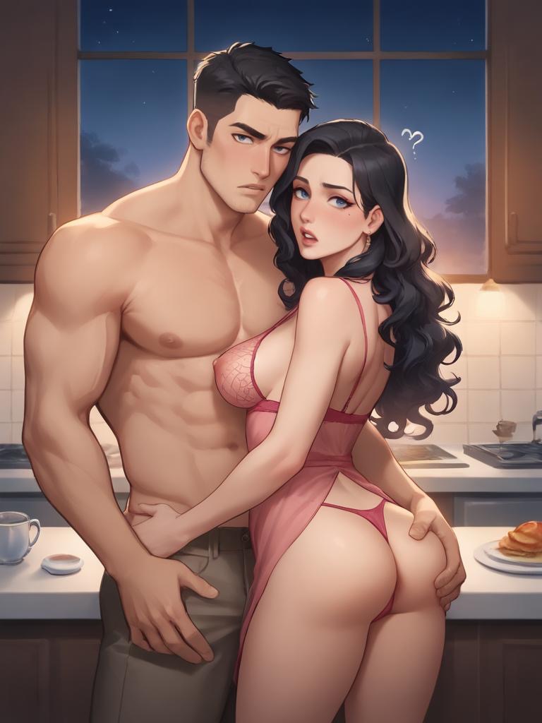 age difference, ai generated, ass, ass grab, black hair, breasts, brown hair, brown skin, bullying, confused, cuckold, female, groping, hourglass figure, interracial, kitchen, light-skinned female, looking at viewer, male, milf, mommy, mother, mother and son, muscular, muscular male, nightgown, nipples, original, original character, perfect body, perky breasts, pink nipples, pink panties, scarlettj, solo female, thong, yaro