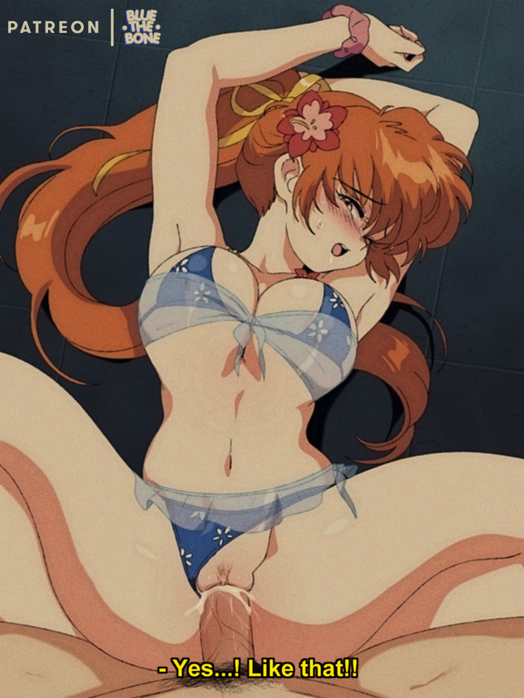 1990s (style), 1boy, armpits, arms up, artist name, bikini, bikini bottom aside, blue bikini, bluethebone, blush, breasts, brown eyes, brown hair, cg, cleavage, clothing aside, cum, cum in pussy, dead or alive, english text, female, female pubic hair, flower, hair flower, hair ornament, hair ribbon, kasumi (doa), large breasts, long hair, lying, male, male pubic hair, missionary, navel, on back, open mouth, patreon username, penis, ponytail, pov, pubic hair, pussy, retro artstyle, scrunchie, see-through, sex, solo focus, spread legs, straight, subtitled, swimsuit, uncensored, vaginal penetration, wrist scrunchie