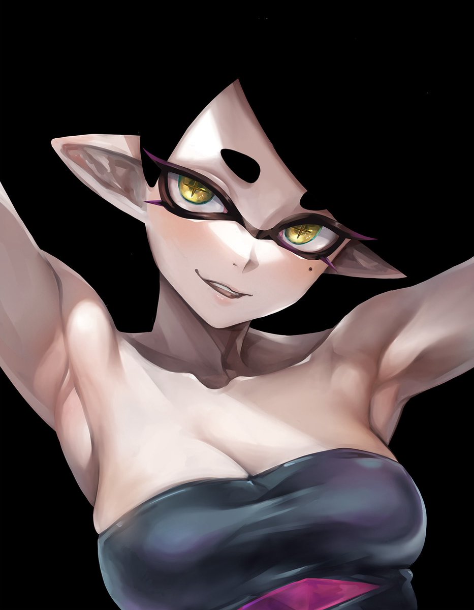 1girls, armpit crease, armpit fetish, armpit peek, armpit pose, armpit sex invitation, armpits, arms up, beauty mark, breasts, callie (splatoon), cleavage, clothed female, dark skin, detailed armpit, female, female only, inkling, inkling girl, jajanome, light skin, light-skinned female, looking at viewer, nintendo, pointy ears, presenting armpit, presenting armpits, seductive look, sexy armpits, smile, smiling, smiling at viewer, smirk, smirking, smirking at viewer, solo, solo female, splatoon, splatoon (series), squid sisters, tentacle hair, yellow eyes