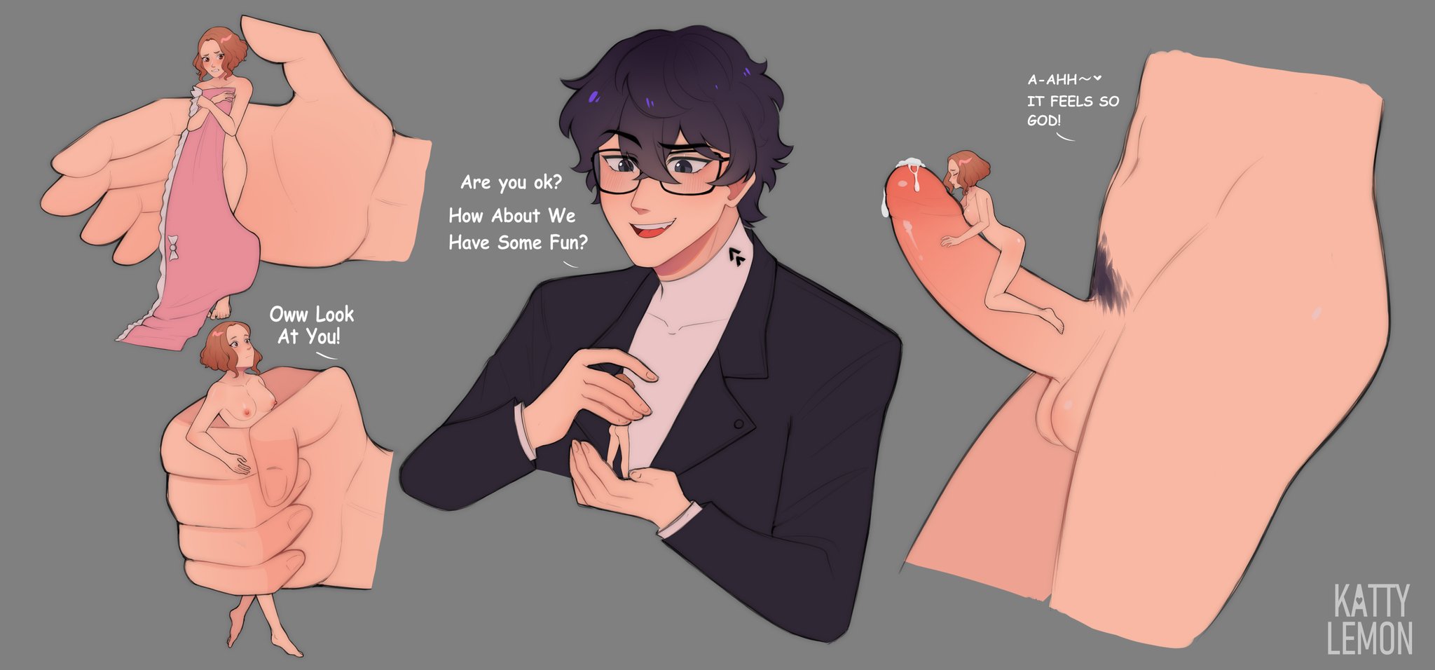 1boy, 1girls, akira kurusu, auburn hair, black hair, brown hair, clothed, clothing, color, cum, dominant male, extreme size difference, female, giant, giant male, glasses, haru okumura, joker (persona), katty lem0n, katty lemon, larger male, macro, male, male focus, male/female, micro, micro female, micro on macro, micro on penis, nude, panties, penis, persona, persona 5, pink hair, precum, pubic hair, ren amamiya, size difference, smaller female, speech, straight, submissive female, text, topwear
