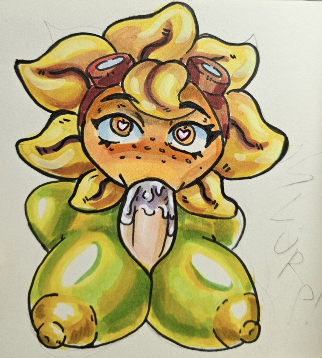 1girls, blowjob, cum, cum in mouth, fellatio, female, green skin, plant, plant girl, plants vs zombies, plants vs zombies: heroes, solar flare (pvz), sunflower, sunflower (pvz), thunder steak (artist)