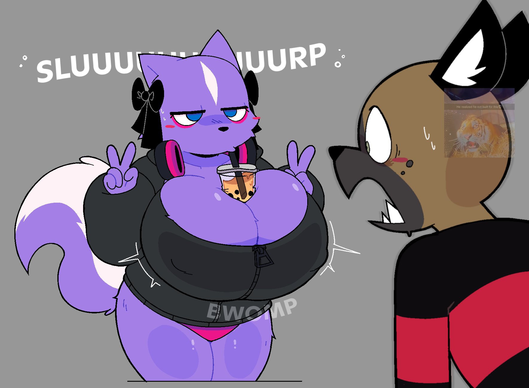1boy, 1girls, 2d, 2d (artwork), aggressive retsuko, anthro, big breasts, blush, boba tea, boba tea challenge, breast expansion, breast growth, breast growth (enlargement), breasts, bubble tea challenge, cleavage, cleavage window, clothing, curvy, female, female anthro, furry, haida, haida (aggretsuko), headphones, hi res, highres, huge breasts, hyena, jacket, looking at another, looking surprised, male, male anthro, multicolored body, multicolored fur, navigator8, nipple bulge, nipples, nipples visible through clothing, purple body, purple fur, sanrio, shikabane (aggretsuko), skunk, tagme, teeth, two-tone body, two-tone fur