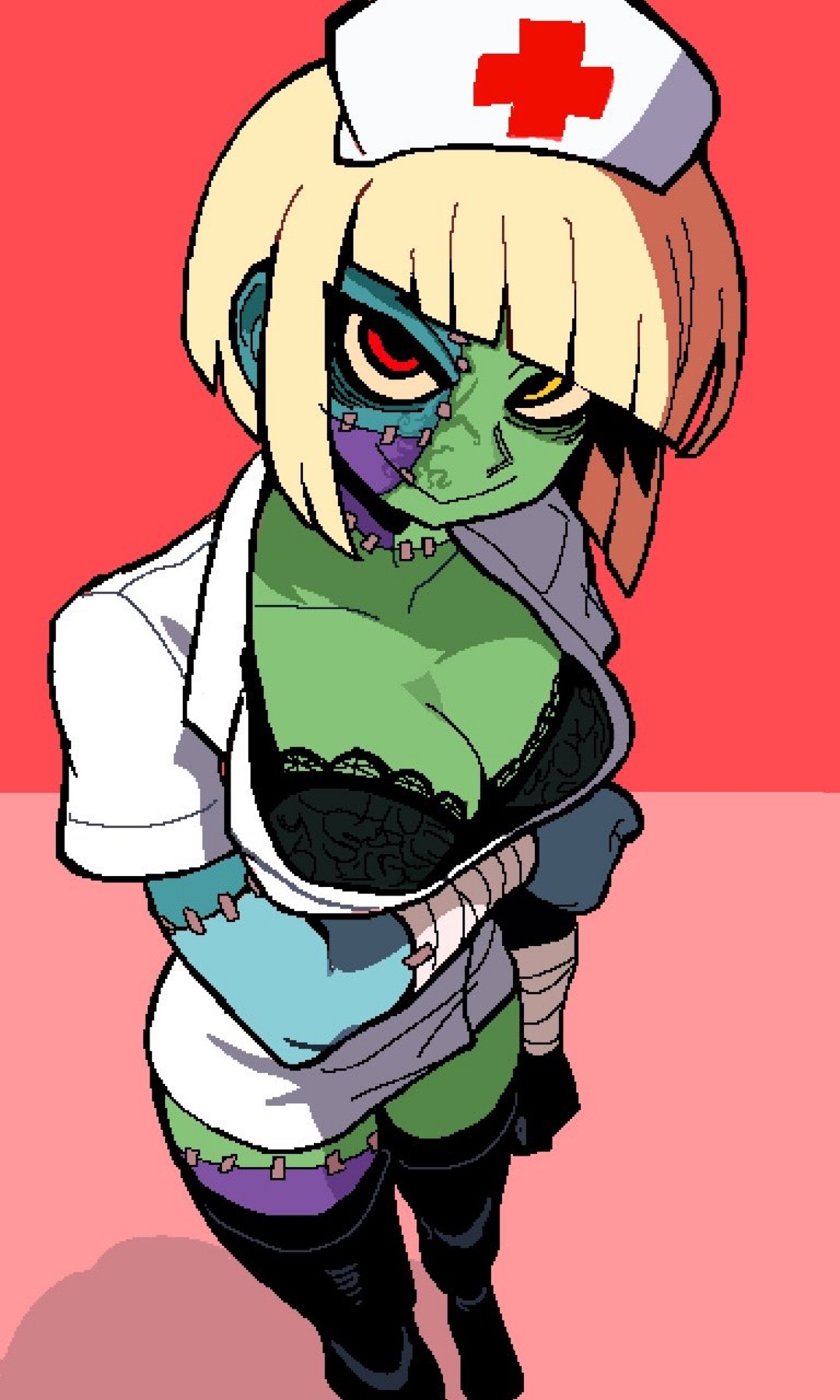 big breasts, breasts, cleavage, clothed, female, lace bra, monmaamn, monster girl, multicolored skin, nurse, nurse cap, nurse uniform, oc, original, original character, red eye, stiches, tagme, wide hips, yellow eye, zombie, zombie girl
