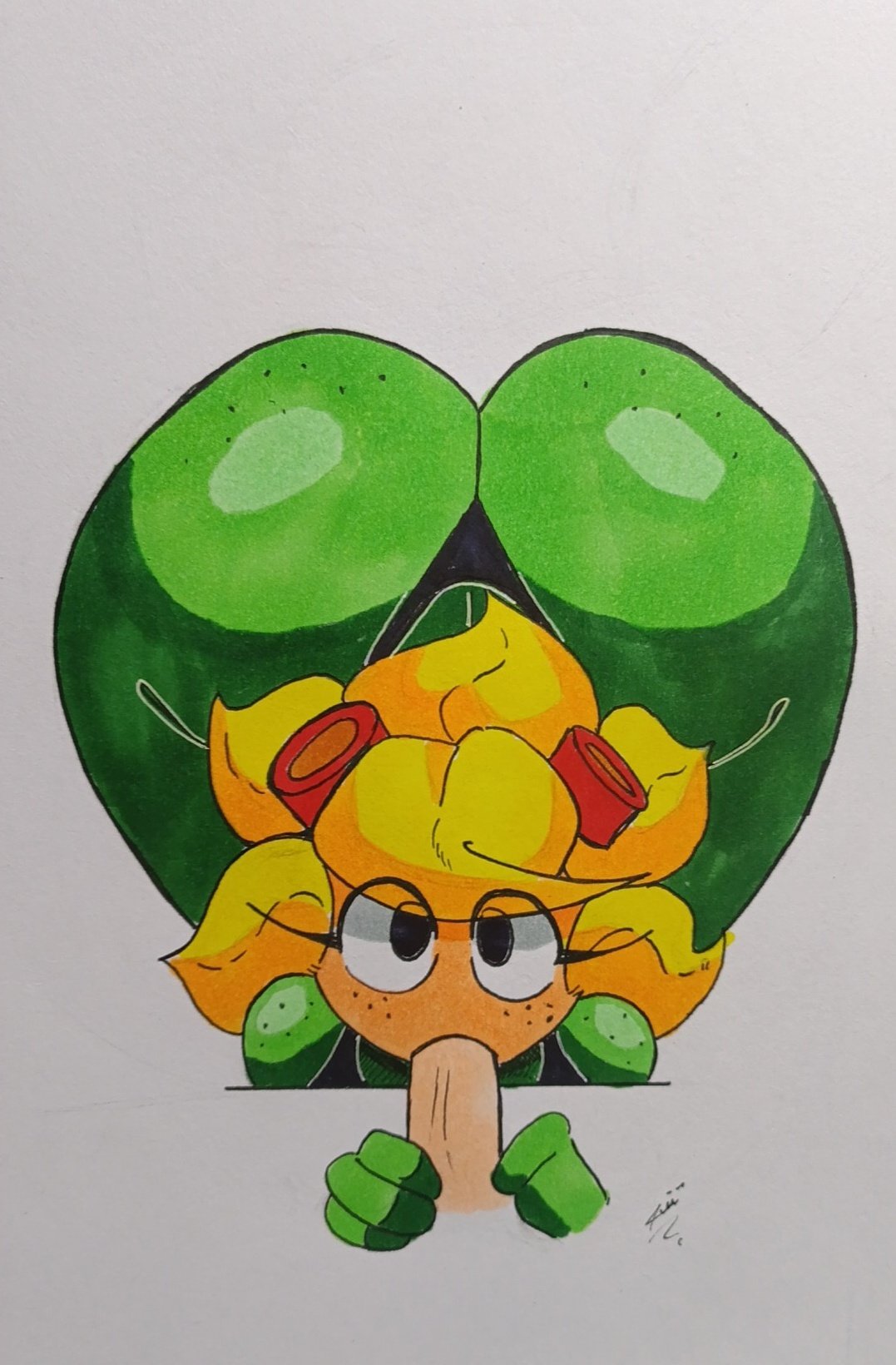 1boy, 1girls, blowjob, fellatio, female, goggles, green skin, male, non-human, penis, plant girl, plants vs zombies, plants vs zombies: heroes, plants vs. zombies, rob-art06, solar flare (pvz), sucking, sucking penis, sunflower, sunflower (pvz)