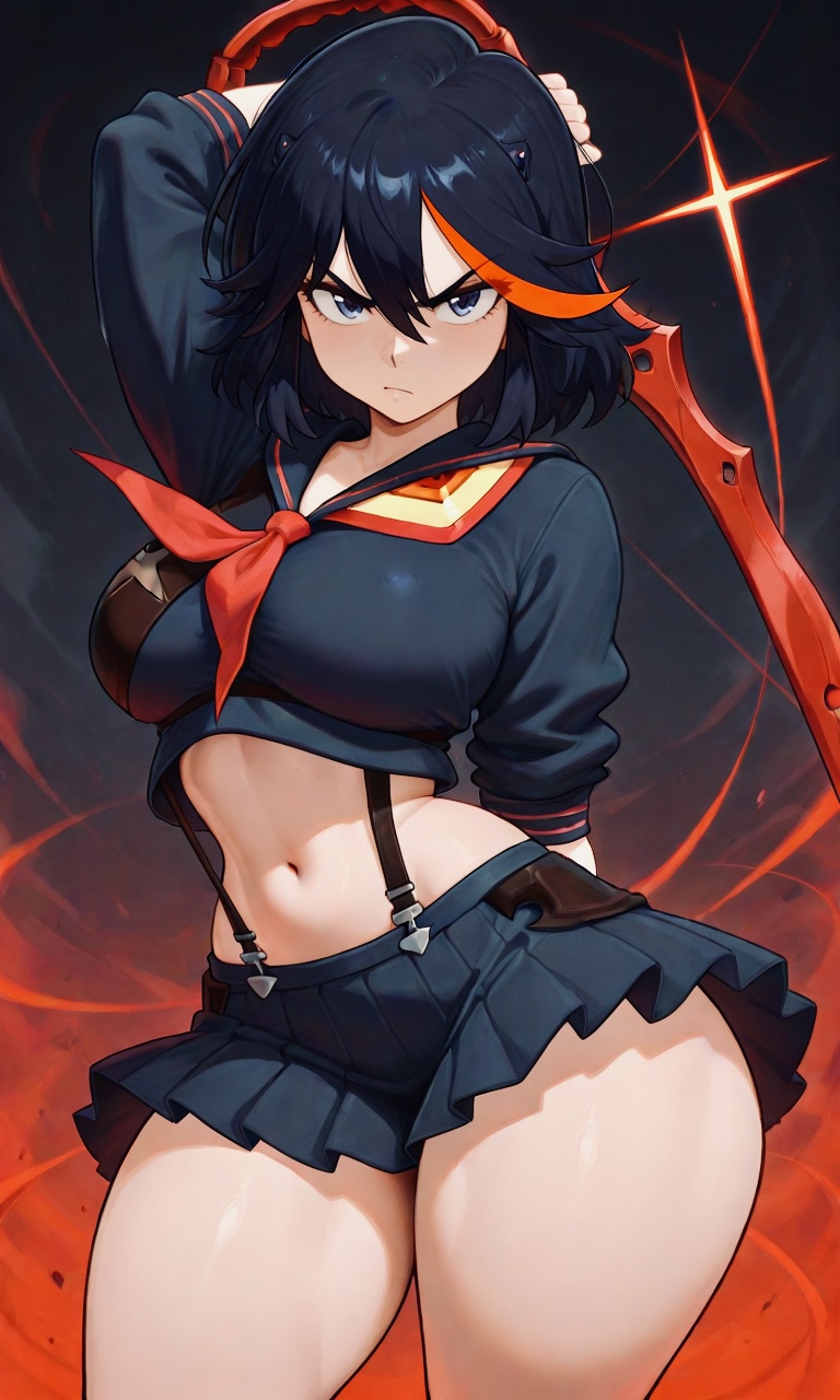 1girls, ai generated, big breasts, bigbizarts, black hair, blue eyes, breasts, curvaceous, female, female only, holding weapon, kill la kill, matoi ryuuko, red strand of hair, short hair, solo, sword, thick thighs, uniform, wide hips