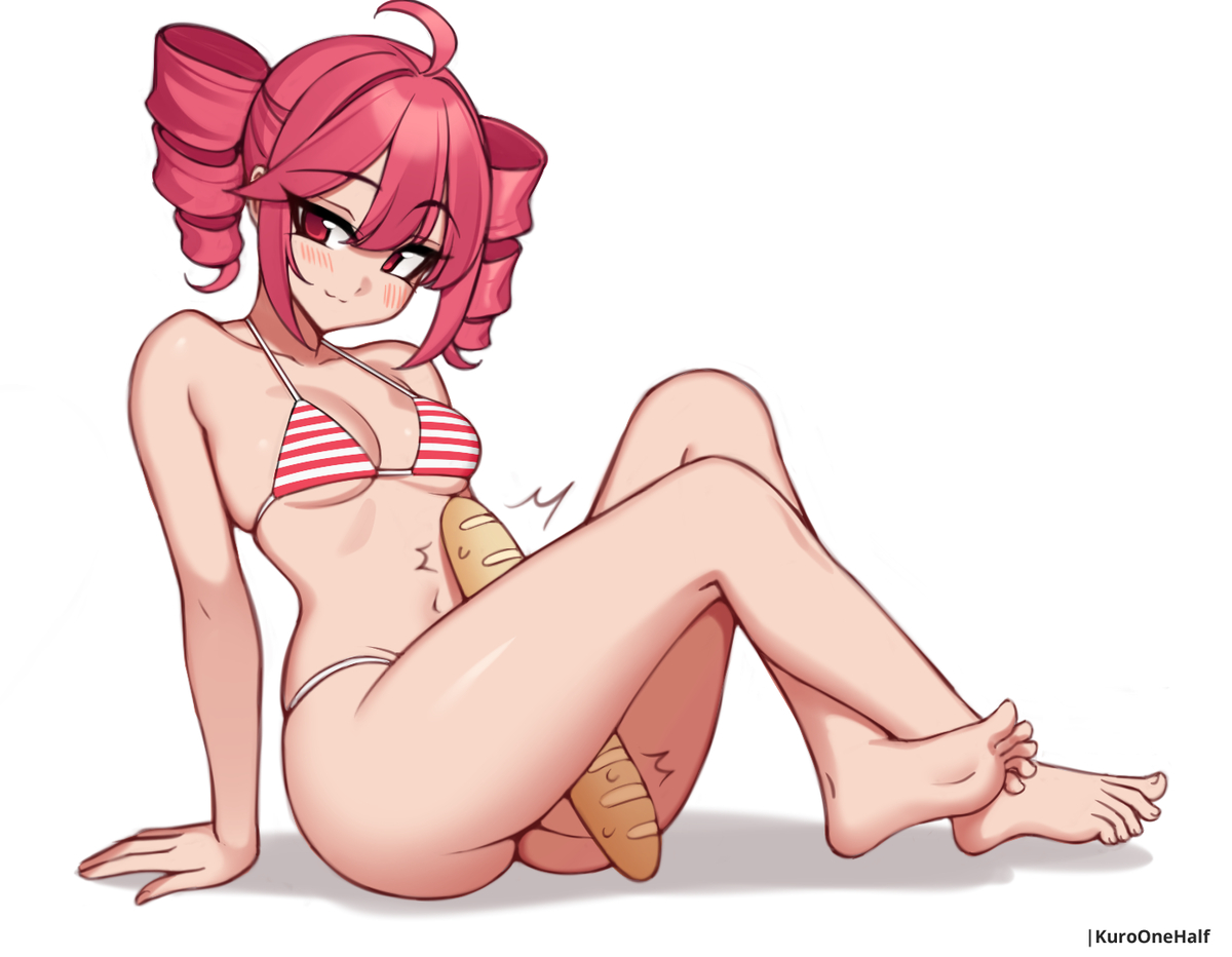 1girls, 2d, 2d (artwork), ahoge, ass, baguette, barefoot, belly, big ass, big thighs, bikini, blush, blush lines, breasts, curvaceous, curvy, curvy female, curvy figure, feet, female, female only, food, huge ass, kasane teto, kuroonehalf, large ass, large thighs, looking to the side, medium breasts, midriff, navel, object between thighs, red eyes, red hair, shiny skin, simple background, sitting, skindentation, slim waist, soles, solo, solo female, striped bikini, thick thighs, thighs, toes, twin drills, utau, white background, wide hips