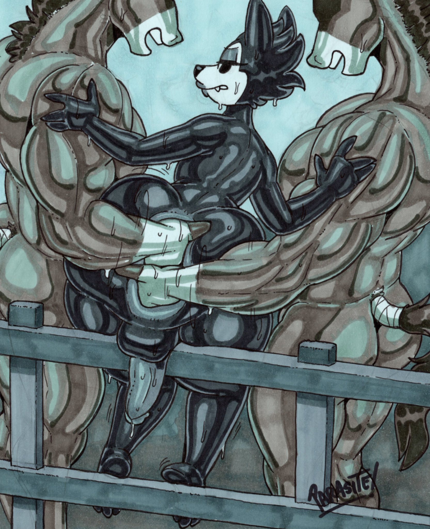 2025, 3boys, anthro, anthro on anthro, anus, artist name, ass, back view, balls, big ass, big butt, big penis, black body, black eyes, black fur, black hair, black lips, black lipstick, bodily fluids, brown body, brown fur, dominant, dominant anthro, dominant male, domination, faceless male, femboy, fence, fisting, fur, furry, furry male, gay, girly, hand in ass, hand in butt, hi res, horse, horse humanoid, huge ass, huge butt, lips, lipstick, makeup, male, male only, male/male, mammal, massive ass, massive butt, muscular, muscular male, naked, naked male, nude, nude male, open mouth, parasitedeath, penis, pony, smile, stretching, stretching anus, submissive, submissive anthro, submissive male, sweat, sweatdrop, sweating, tail, trio, wolf, wolf (parasitedeath), wolf humanoid