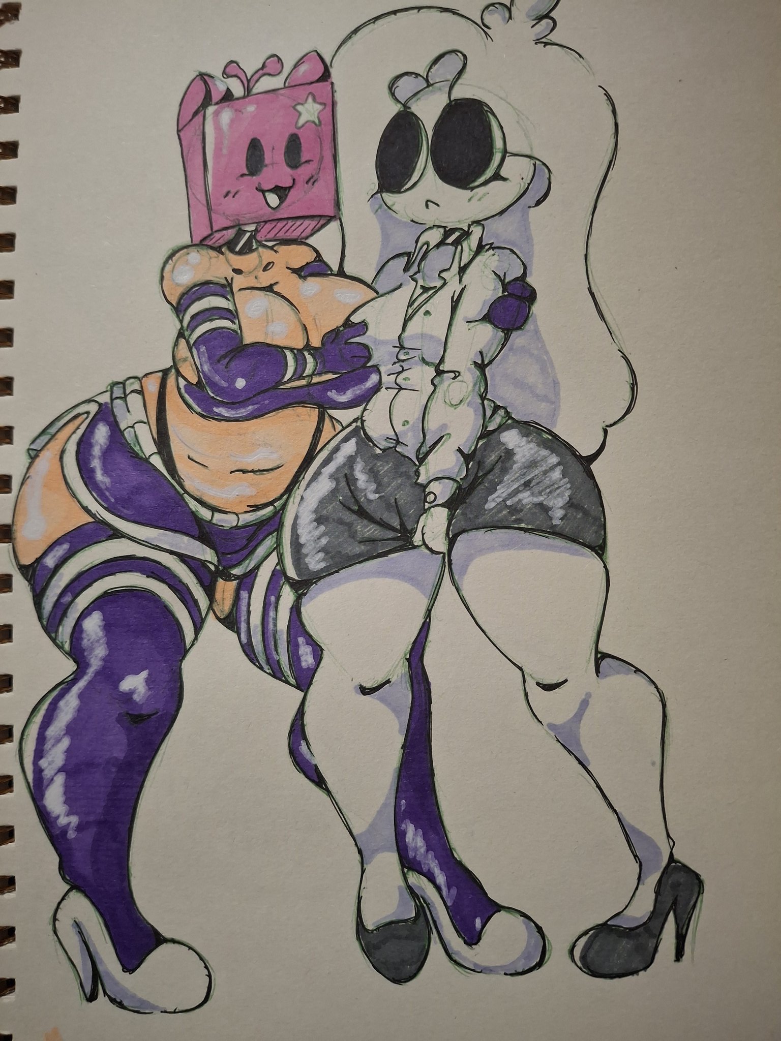 2girls, antennae (anatomy), arm sleeves, black eyes, blush lines, boobs, box, box on head, breasts, cat ears, clothing, collar, color, colored, elbow gloves, eyelashes, female, huge thighs, neckline, nimu, nimu (irl), pencil (artwork), rokoryt art, shoes, simple background, skirt, sofia magali santillan (nimu), stockings, thick thighs, thighs, traditional media (artwork), white body, white hair, white skin, xiaro, youtube, youtube avatar, youtube hispanic, youtuber