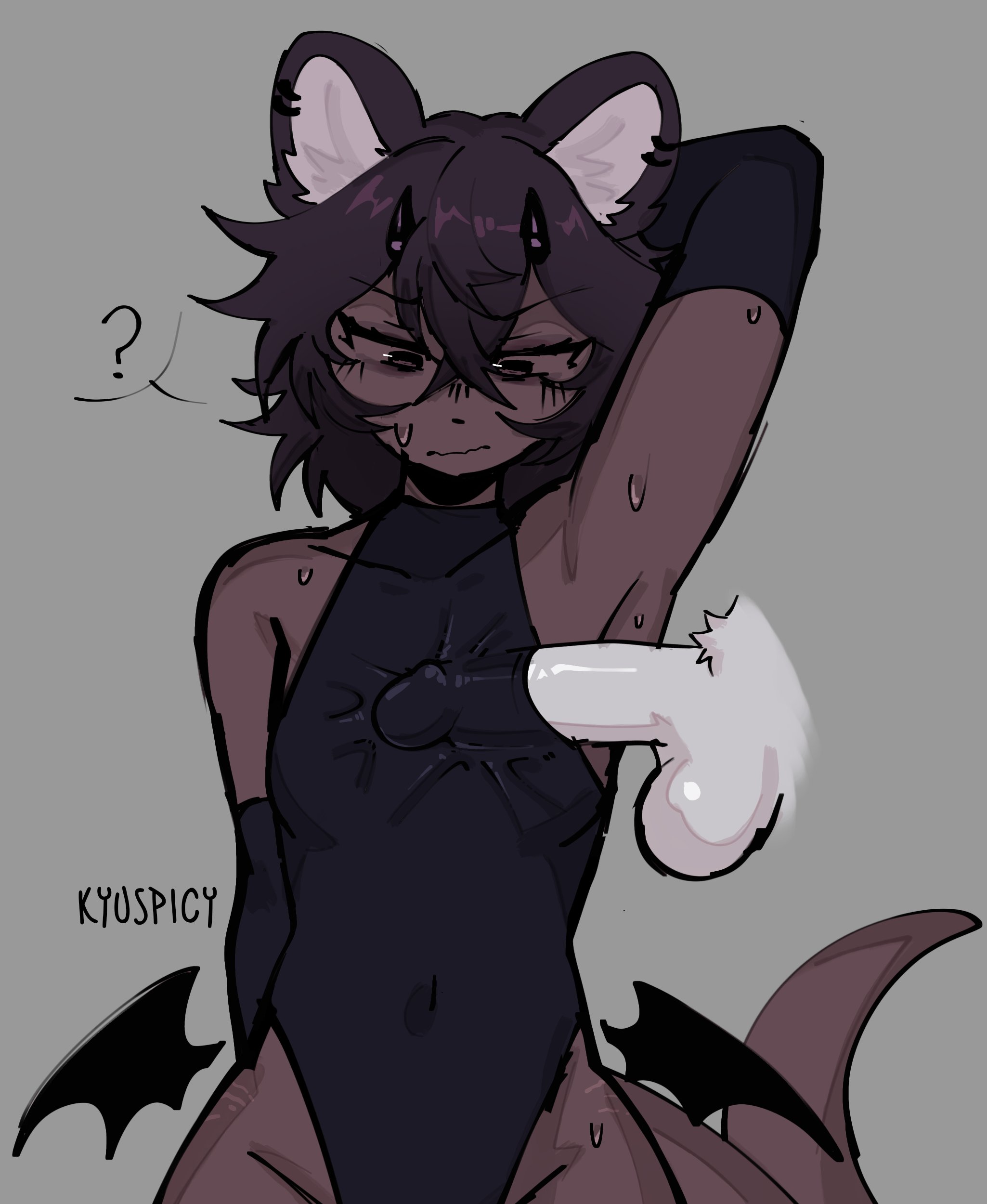 arm behind back, arm behind head, armwear, breasts, brown eyes, brown hair, clothed, clothed sex, clothing, demon, demon girl, demon horns, demon wings, demonikyu, demonispicy, devil, devil horns, devil wings, embarrassed, female, gay, looking down, male, otter, penis, penis rubbing breast, penis under another's clothes, small breasts, sweat, sweating, tail, titjob