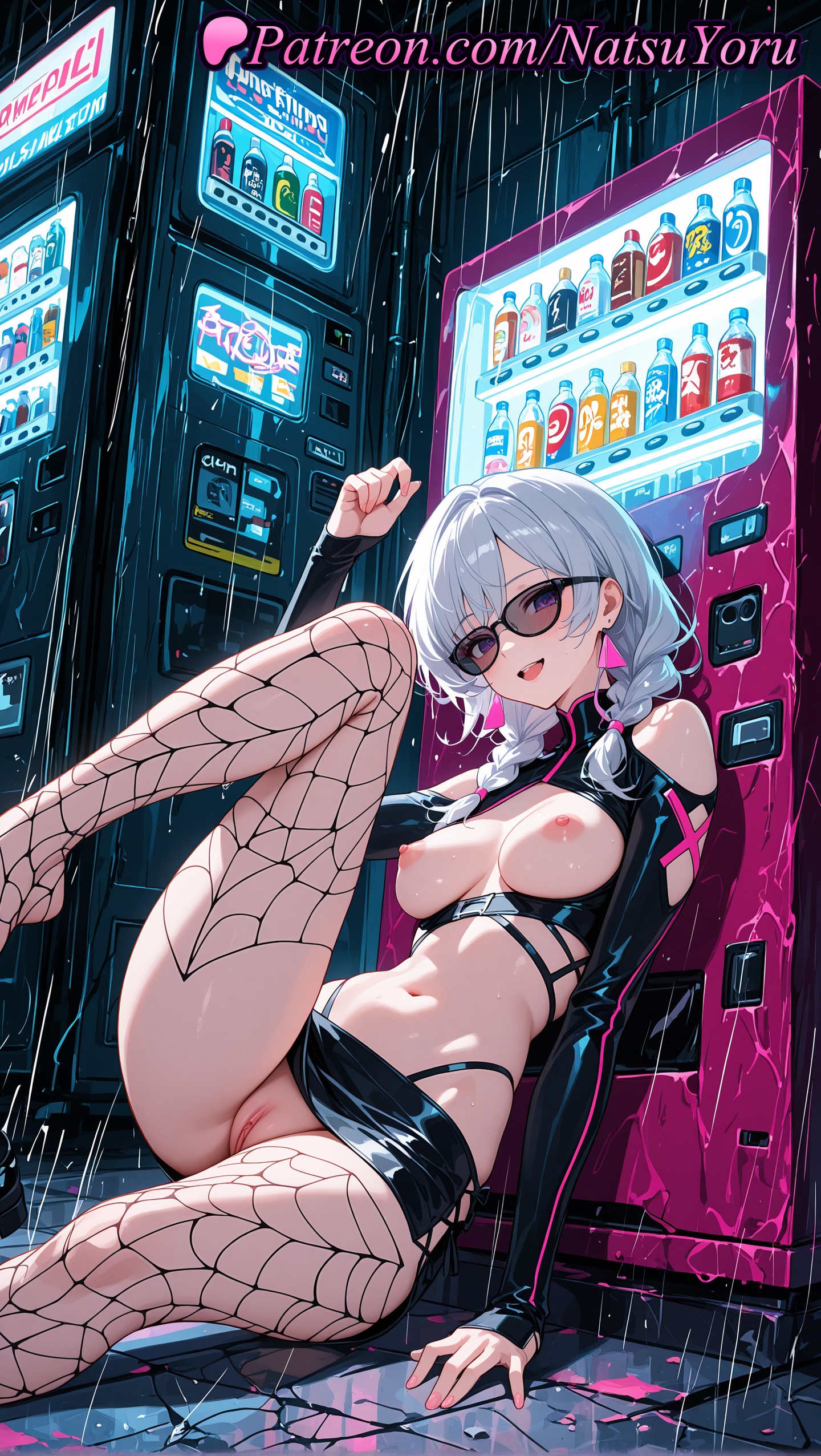 1girls, 2025, ai generated, black skirt, braid, breasts, cleft of venus, earrings, epic games, eyeliner, female, female only, fishnet thighhighs, fishnets, fortnite, fortnite: battle royale, grey hair, hi res, highres, jewelry, knee up, long hair, long sleeves, looking at viewer, medium breasts, natsuyoru, navel, nipples, open mouth, pantyhose, patreon, pussy, rain, sabina (fortnite), sitting, skirt, smile, solo, stockings, stomach, sunglasses, thighhighs, twin braids, uncensored, vagina, vending machine, voluptuous, voluptuous female