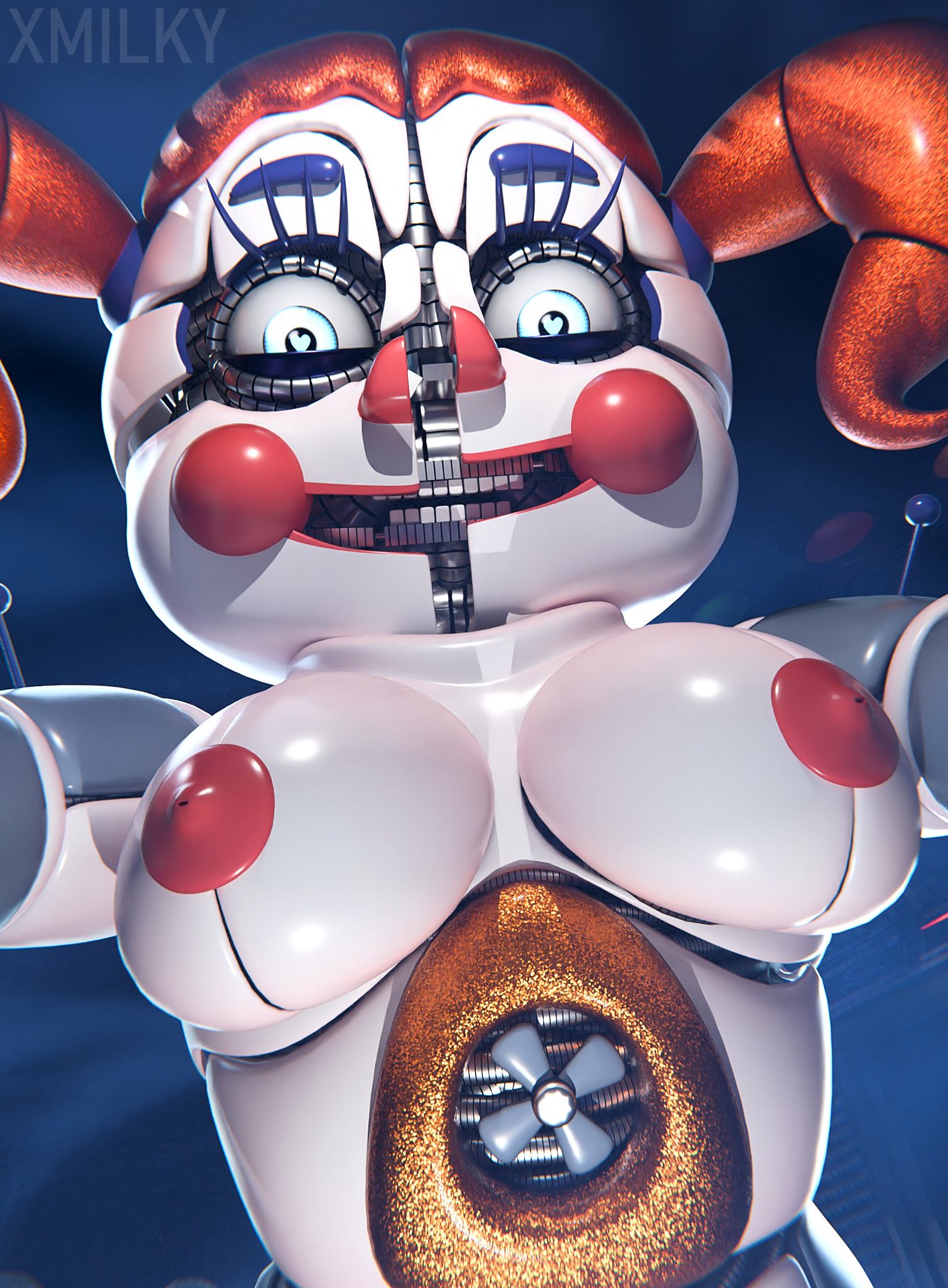 3d, 3d (artwork), accurate model, baby (fnafsl), big breasts, blue eyes, breasts, circus baby, circus baby (fnaf), circus baby (original), female, five nights at freddy's, five nights at freddy's: sister location, full color, heart-shaped pupils, high resolution, highres, nipples, no penetration, nude, nude female, pov, red nipples, robot, robot girl, robot humanoid, solo, solo female, twintails, white skin, x3milky