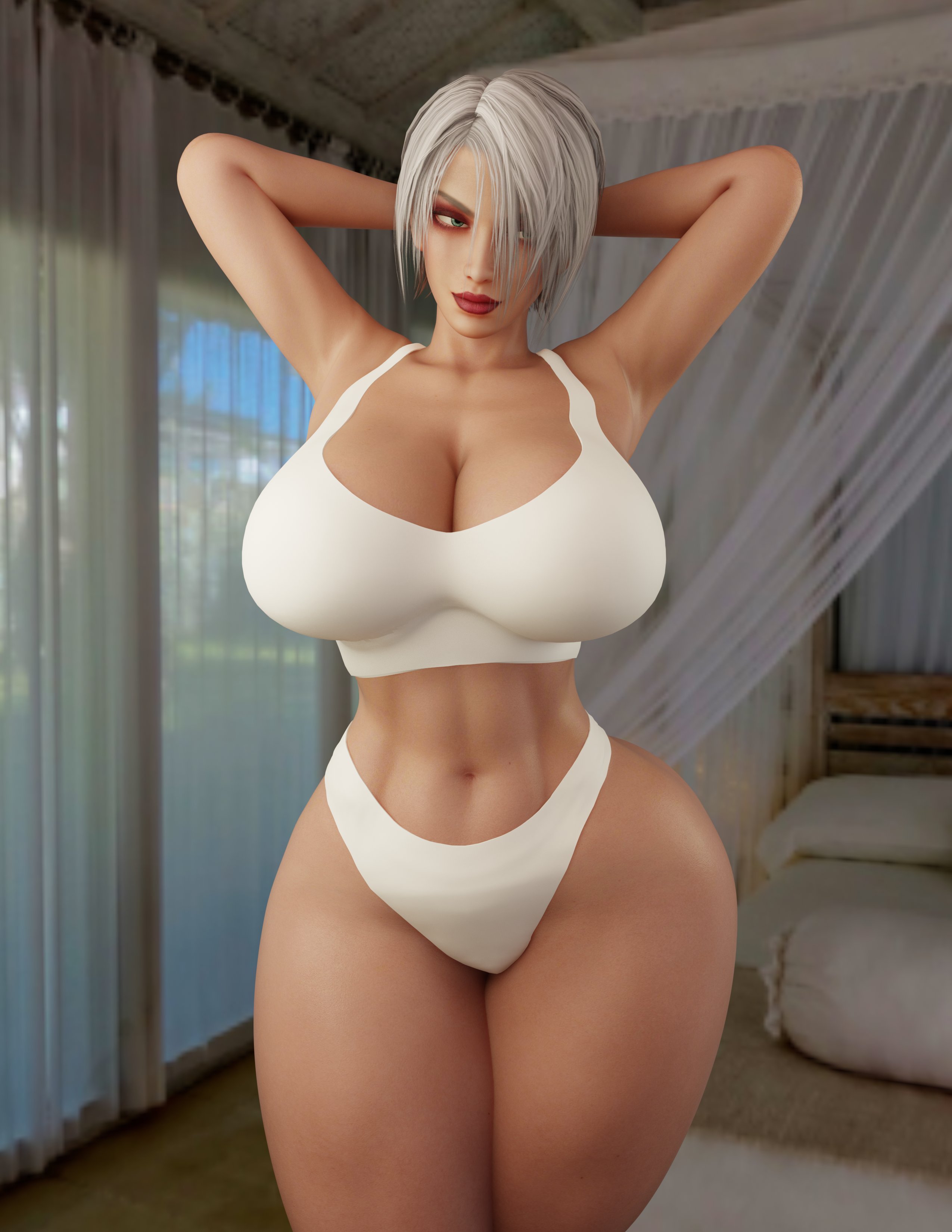 1girls, 3d, 3d model, ass, big ass, big breasts, big butt, breasts, busty, cpt-flapjack, female, female only, high heels, huge ass, huge breasts, huge butt, impossible clothes, isabella valentine, lieutenant flapjack, light skin, light-skinned female, lip, looking at viewer, looking back, make up, makeup, pale skin, pale-skinned female, red lips, red lipstick, shiny breasts, shiny butt, shiny hair, shiny skin, short hair, sideboob, simple background, skimpy clothes, solo, solo female, soul calibur, thick thighs, tight clothes, tight clothing, white hair