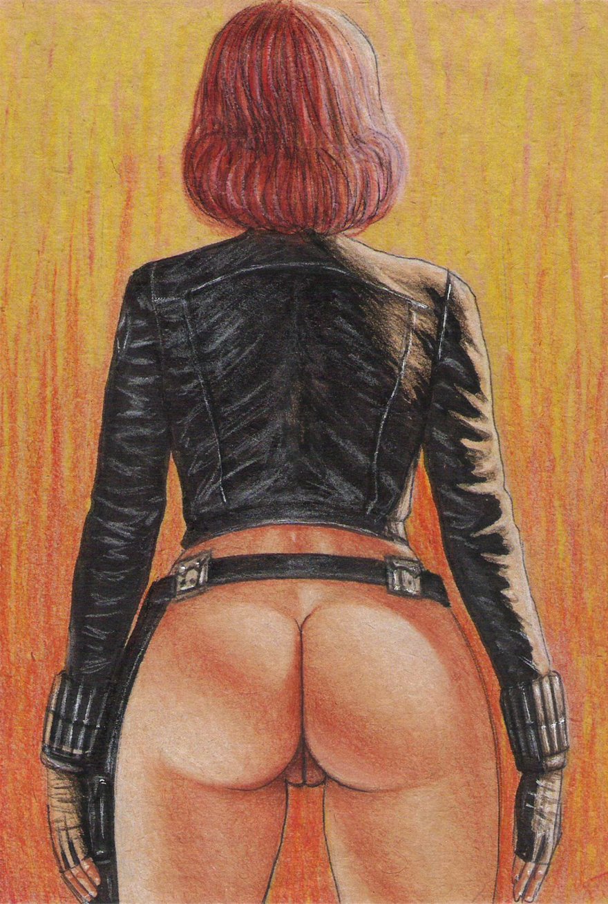 1girls, ass, avengers, black widow (marvel), bottomless, edithemad, female, gloves, marvel, marvel comics, natasha romanoff, pussy, red hair, scarlett johansson, solo, traditional media, vulva