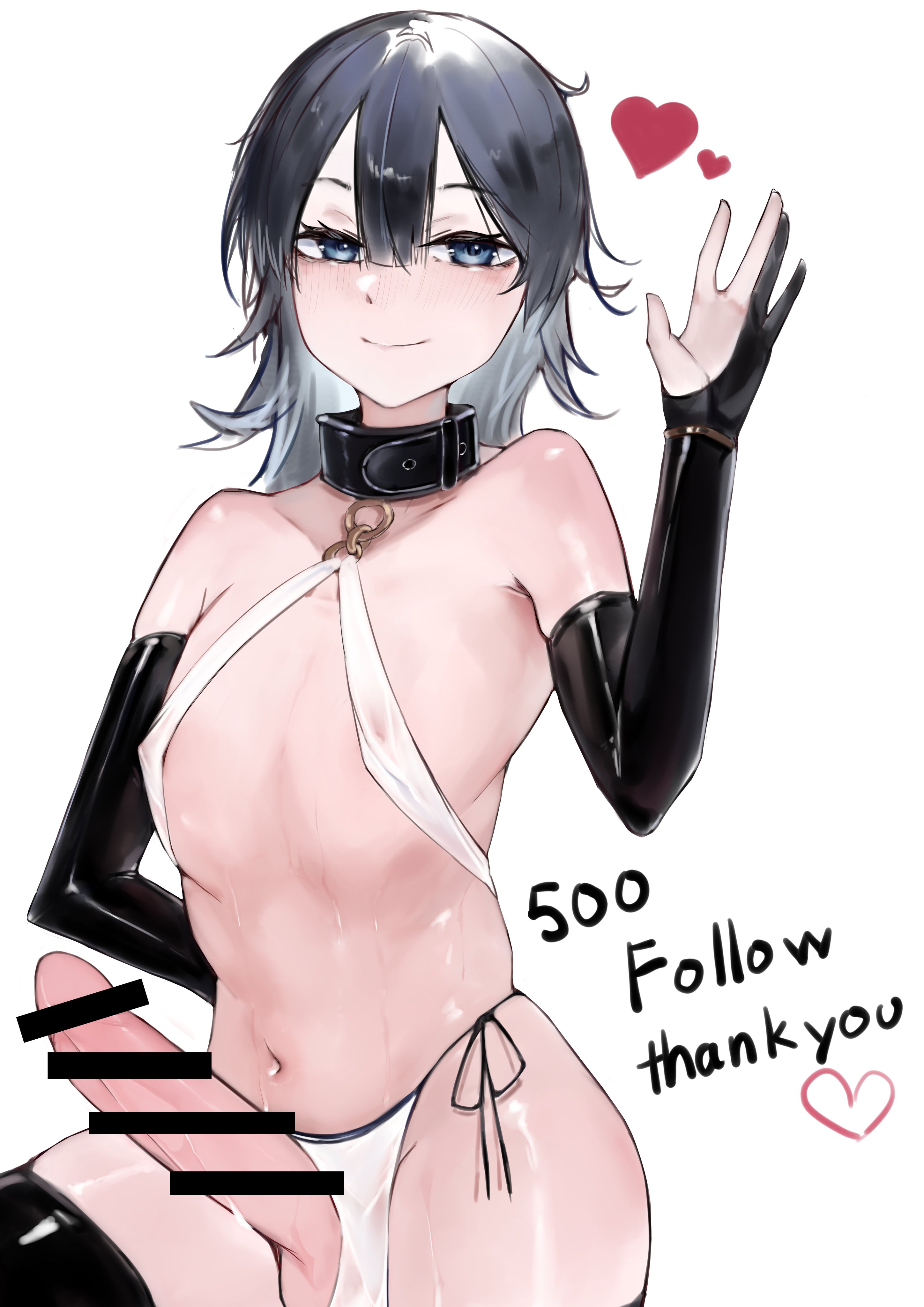 1boy, balls, bar censor, bare shoulders, belly, belly button, blue eyes, blush, censored, censored penis, collar, erection, femboy, grey hair, hi res, latex gloves, latex stockings, latex thighhighs, light skin, light-skinned male, loincloth, loincloth aside, long gloves, looking at viewer, male, male only, milestone celebration, navel, nipples visible through clothing, original, original character, penis, smile, stockings, stomach, thighhighs, thighs, udonya613, waving