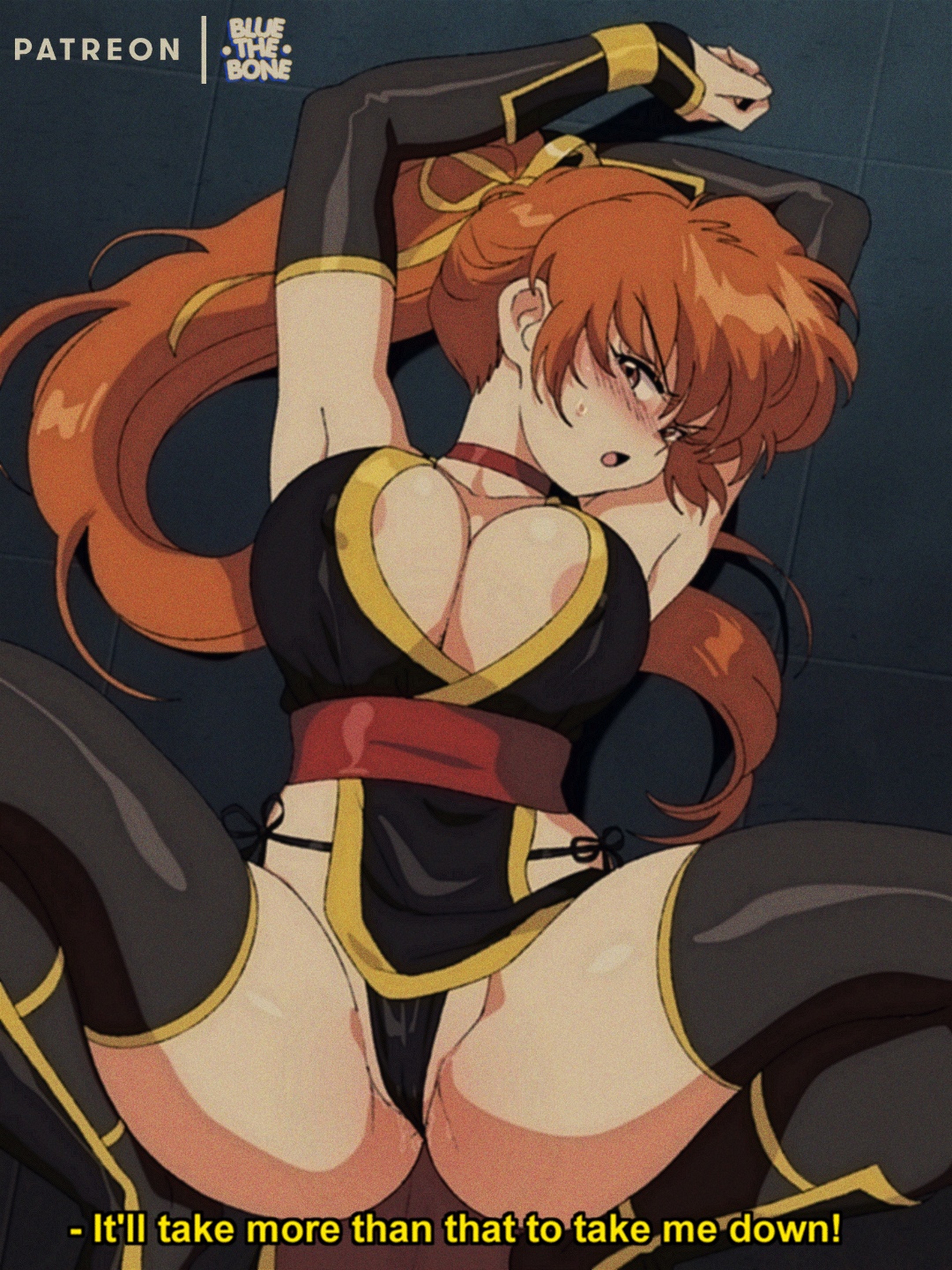 1990s (style), areola slip, armpits, arms up, artist name, black panties, black thighhighs, bluethebone, blush, breasts, brown eyes, brown hair, cg, choker, cleavage, dead or alive, detached sleeves, english text, female, hair ribbon, kasumi (doa), large breasts, long hair, looking at viewer, lying, ninja, on back, open mouth, panties, partially visible vulva, patreon username, pelvic curtain, ponytail, pussy, pussy juice, retro artstyle, solo, spread legs, subtitled, sweat, thighhighs, thighs, underwear, yellow ribbon