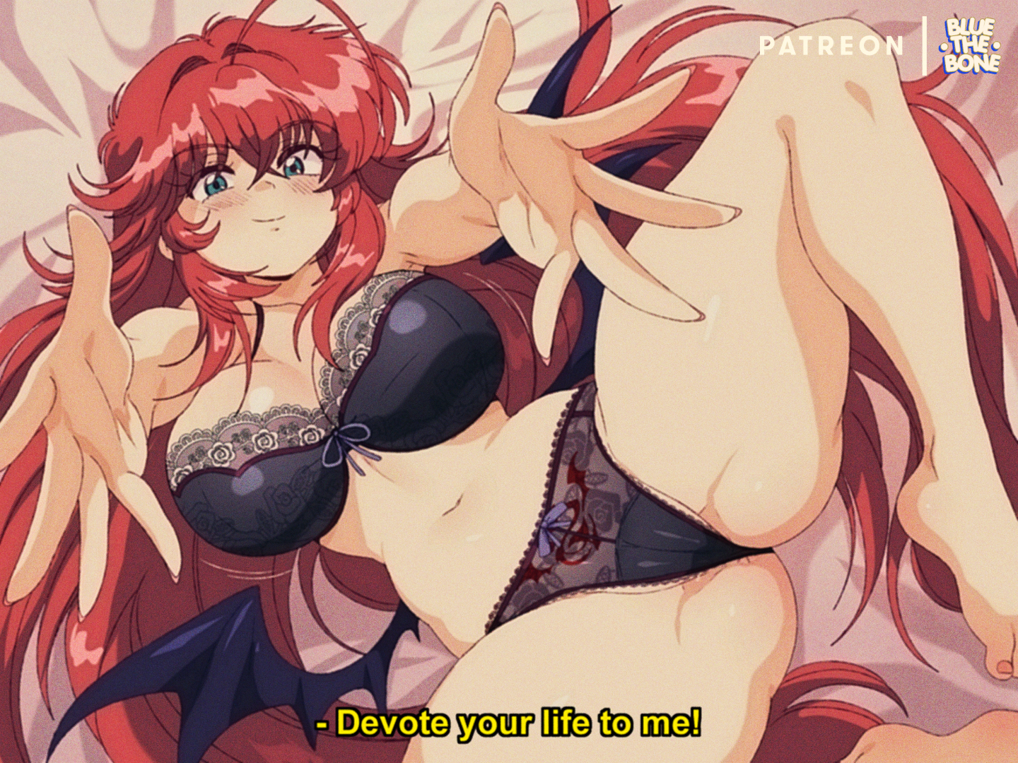 1990s (style), 4:3, ahoge, artist name, barefoot, black bra, black panties, blue eyes, bluethebone, blush, bow, bow bra, bow panties, bra, breasts, cameltoe, cg, cleavage, closed mouth, demon wings, english text, feet, female, female only, hair between eyes, high school dxd, lace trim, large breasts, long hair, looking at viewer, lying, navel, on back, panties, patreon username, reaching, reaching towards viewer, red hair, retro artstyle, rias gremory, smile, solo, spread legs, subtitled, underwear, underwear only, very long hair, wings