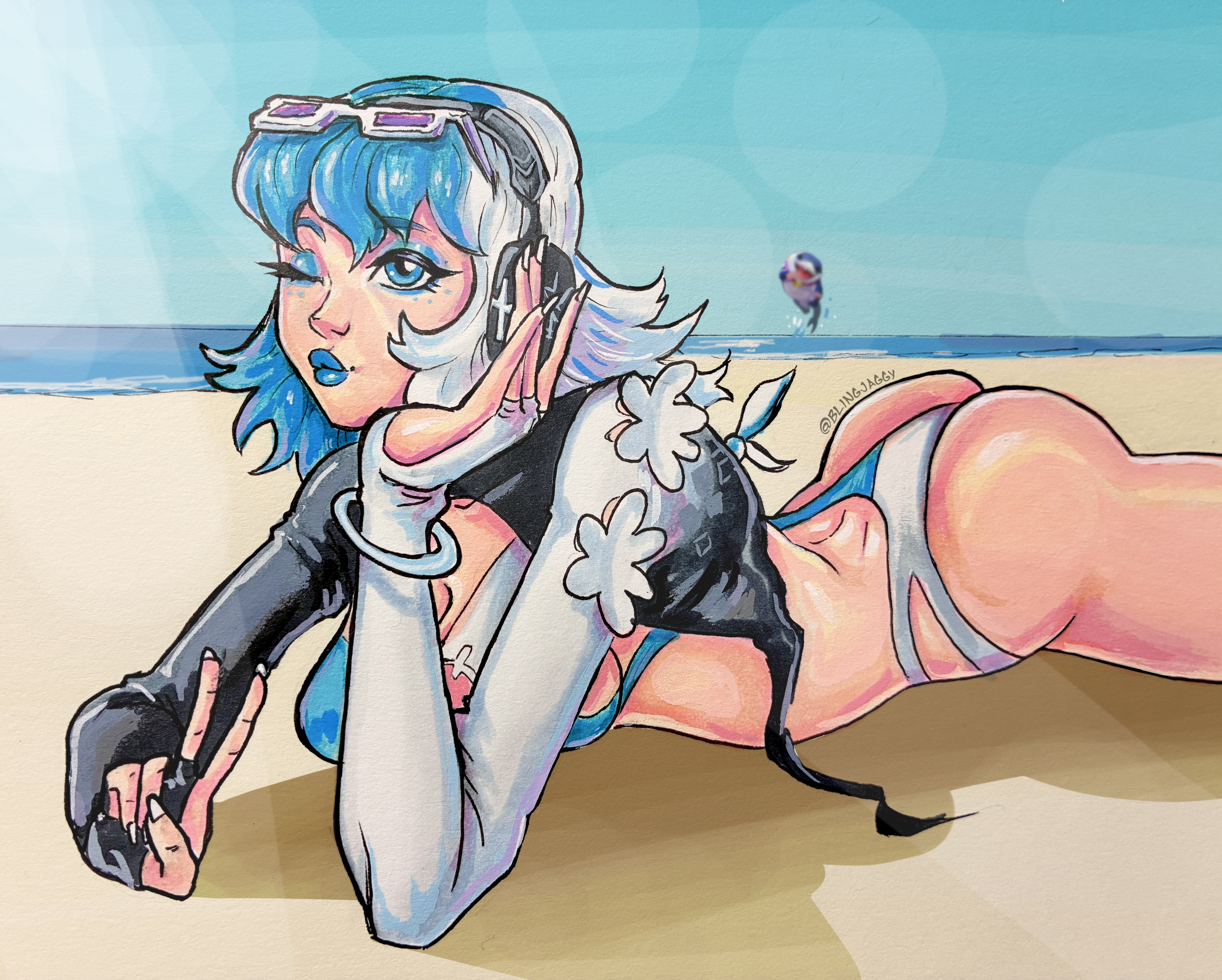 1female, 1girls, ass, ass up, beach, beach background, bikini, blingjaggy, breasts, female, female only, fluffy hair, jeff the land shark, light-skinned female, luna snow, luna snow (cool summer), luna snow (marvel rivals), marvel, marvel comics, marvel rivals, solo, solo female