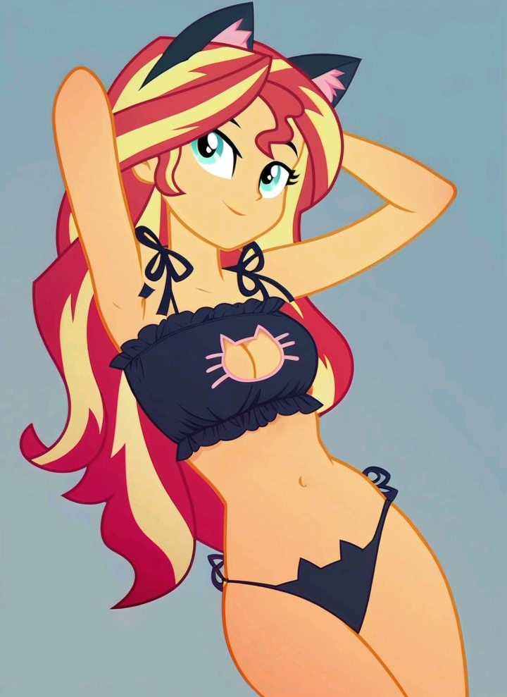 1girls, 2025, accurate art style, ai generated, animal ears, arms behind head, atiirot, black bra, black panties, boob window, breasts, cat ears, cat lingerie, curvy, curvy female, curvy figure, deviantart link, equestria girls, female, female only, female protagonist, long hair, my little pony, panties, red and yellow hair, red hair, slim waist, solo, sunset shimmer, two-tone hair, western cartoon, yellow body, yellow hair