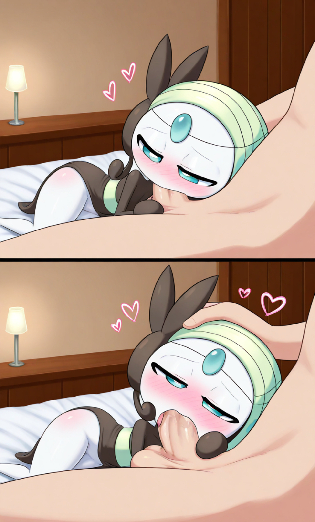 1boy, 1boy1girl, 1girls, 2koma, ai generated, aunovaguy, blowjob, deepthroat, fellatio, female, hand on head, interspecies, looking pleasured, male, male human/female humanoid, male human/female pokemon, male/female, meloetta, meloetta (aria form), passionate, passionate sex, pokemon, pokemon (species), pokephilia, wanting cum, wanting more