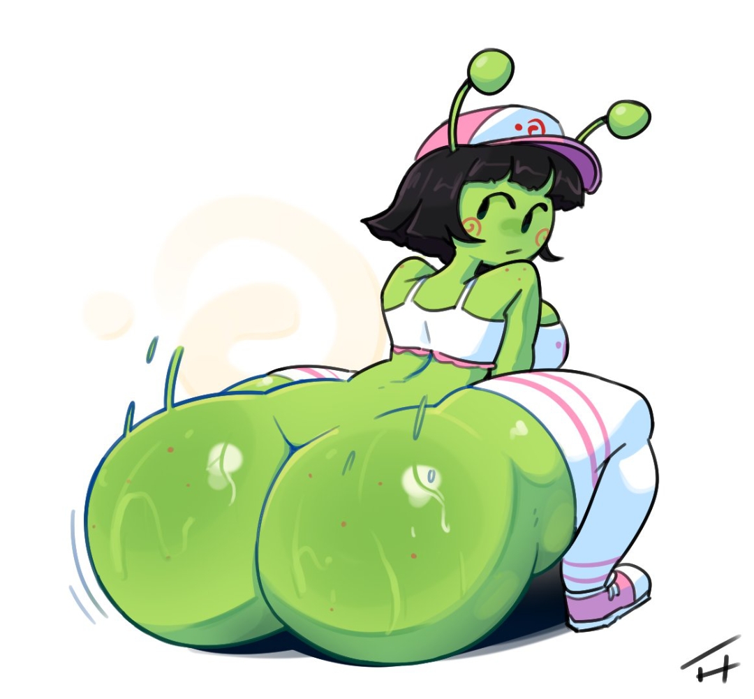 1alien, 1girls, aka h, alien, alien girl, alien humanoid, ass, ass focus, black hair, female, green skin, long socks, pink hat, pink shoes, sweat, sweaty ass, throwing it back, twerking