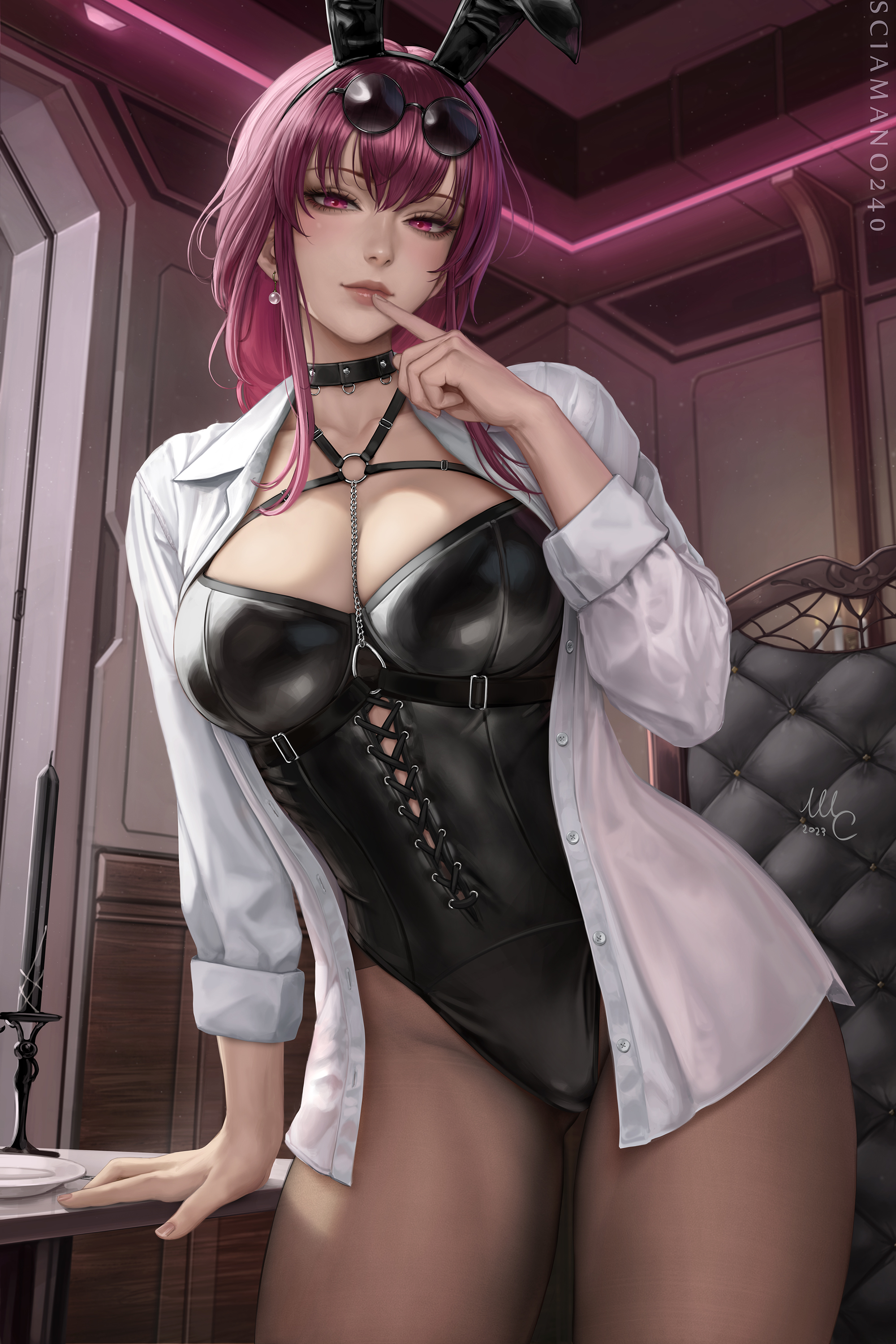 alternate costume, animal ears, artist name, black choker, black leotard, bondage outfit, breasts, cg, chest harness, choker, cleavage, collared shirt, cowboy shot, earrings, eyewear on head, fake animal ears, female, finger to mouth, harness, honkai: star rail, indoors, jewelry, kafka (honkai: star rail), large breasts, leotard, lips, long hair, long sleeves, looking at viewer, open clothes, open shirt, pantyhose, parted lips, patreon username, pince-nez, playboy bunny, purple eyes, purple hair, rabbit ears, round eyewear, sciamano240, shirt, solo, sunglasses, thighs, white shirt