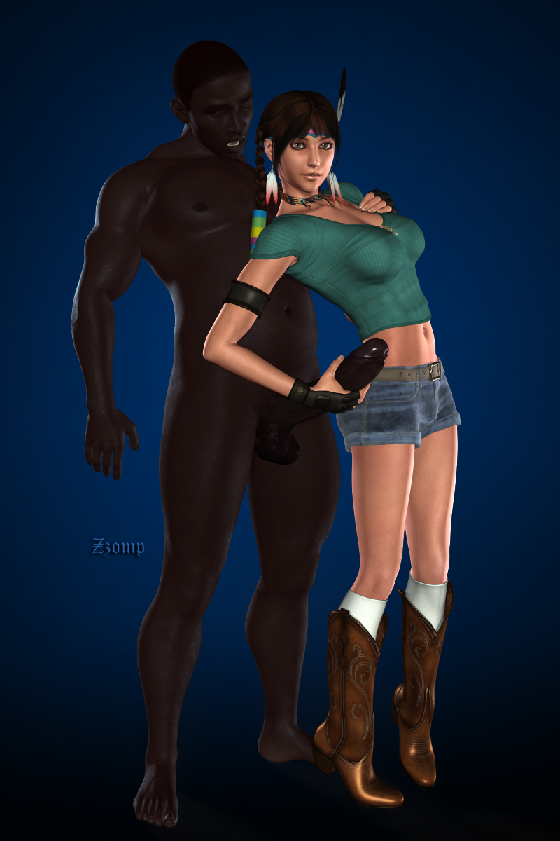 1boy 3d clothed_female_nude_male dark-skinned_male dark_skin duo earrings erection feather_earrings female handjob human interracial julia_chang large_penis male penis straight tekken zzomp