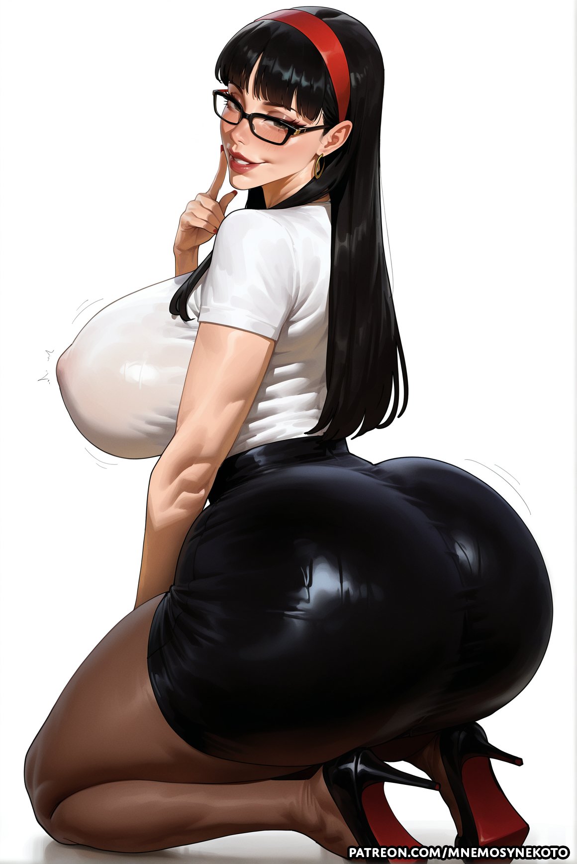 1girls, ai generated, amagi yukiko, ass, atlus, big ass, breasts, dark hair, female, female only, glasses, huge ass, huge breasts, leggings, lipstick, looking at viewer, massive ass, massive breasts, mnemosynekoto, persona, persona 4, skirt, slim waist, solo, solo female, tagme