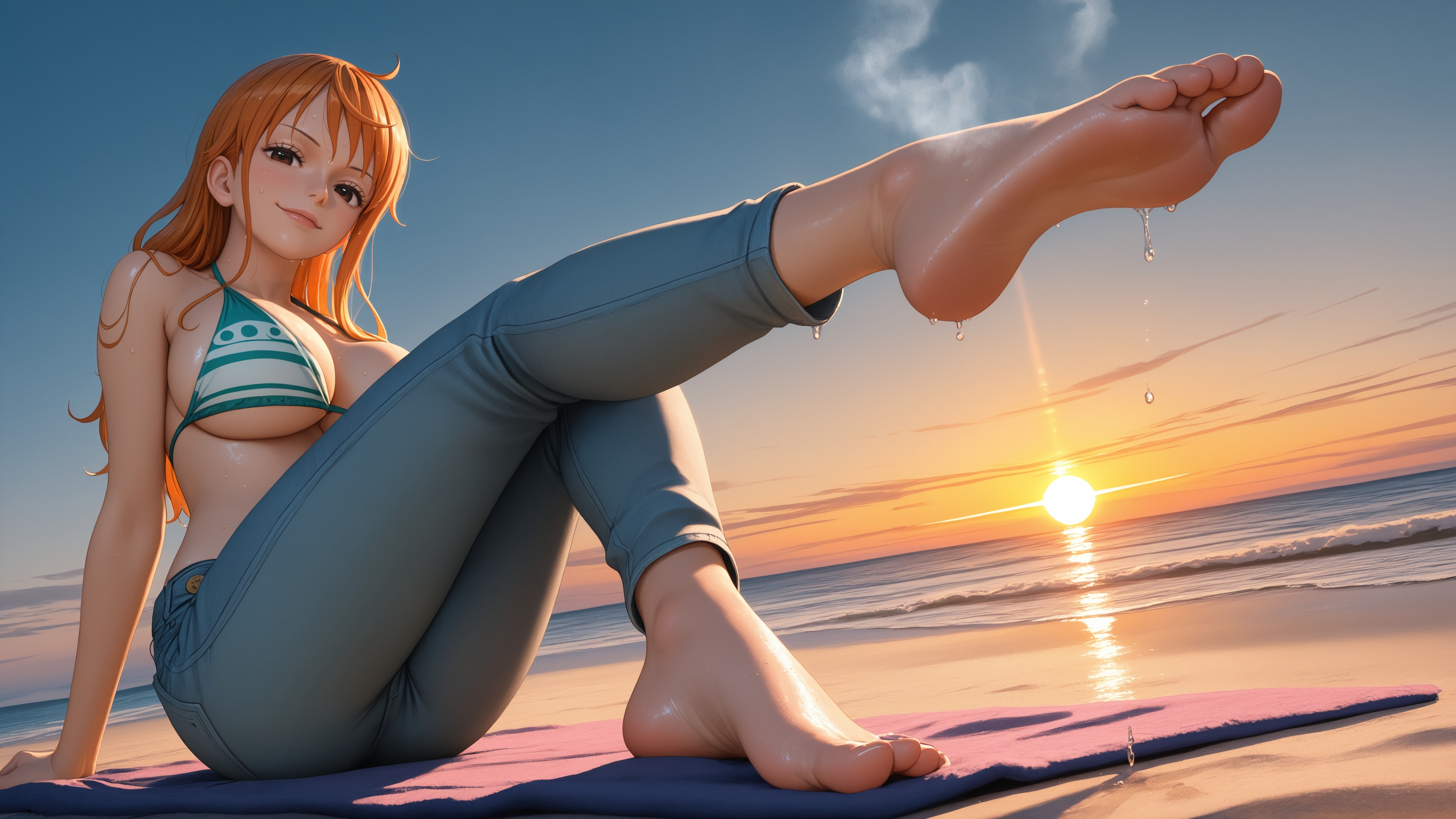 1girls, ai generated, arm support, bangs, barefoot, beach, bikini, bikini top, breasts, brown eyes, cloud, erosaga, feet, female, female only, horizon, large breasts, long hair, looking at viewer, nami (one piece), ocean, one piece, orange hair, outdoors, pants, sand, sitting, sky, smile, soles, solo, sun, sunset, swimsuit, tattoo, toes, water