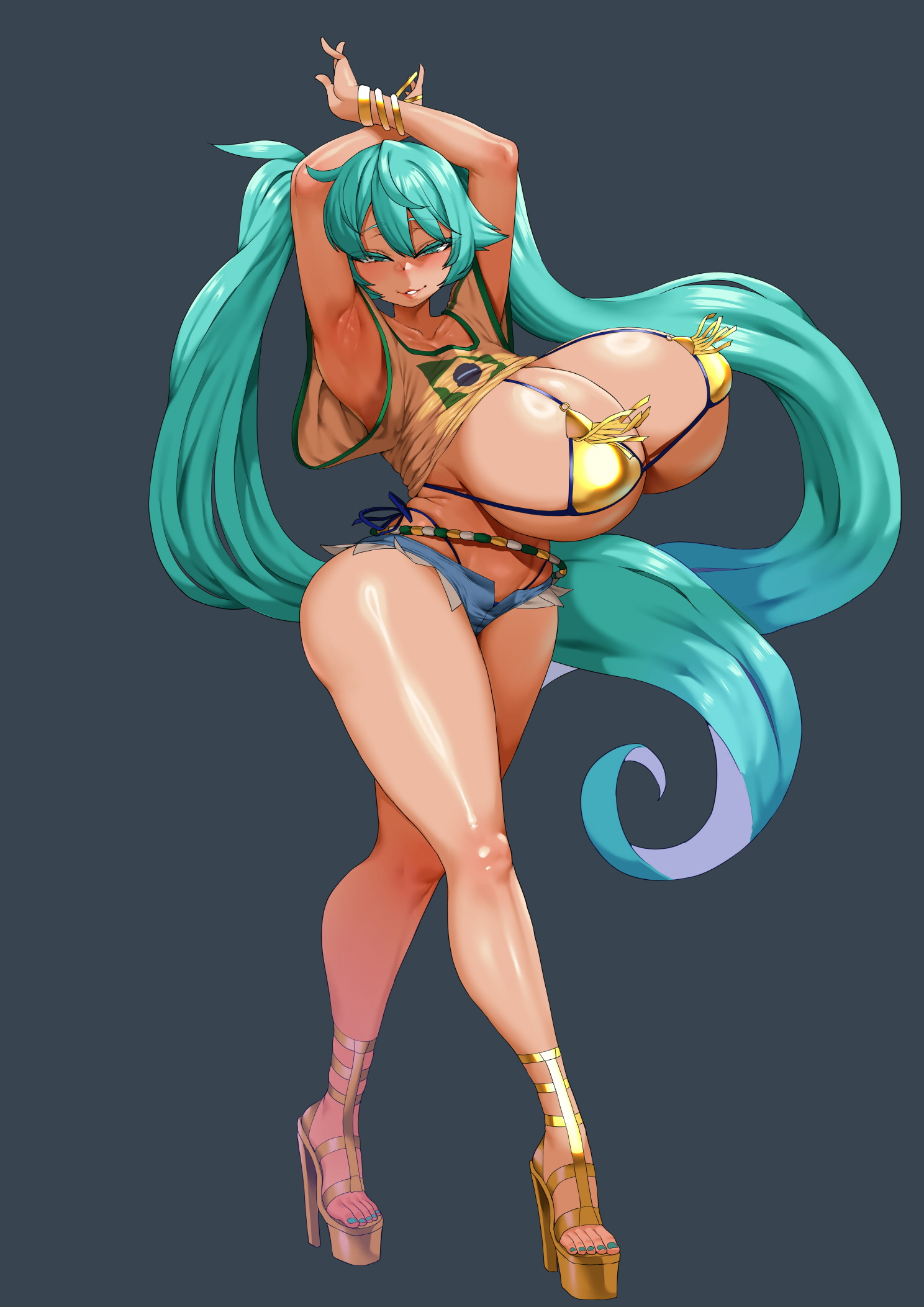 armpits, big breasts, big cleavage, big nipples, big thighs, brassiere, brazilian flag, brazilian miku, breasts, crossed arms, crossed legs, era (erasion), feet, female, female only, green eyes, green hair, high heels, legs, nipple bulge, short pants, smile, smiling, smiling female, t-shirt, thighs, twintails
