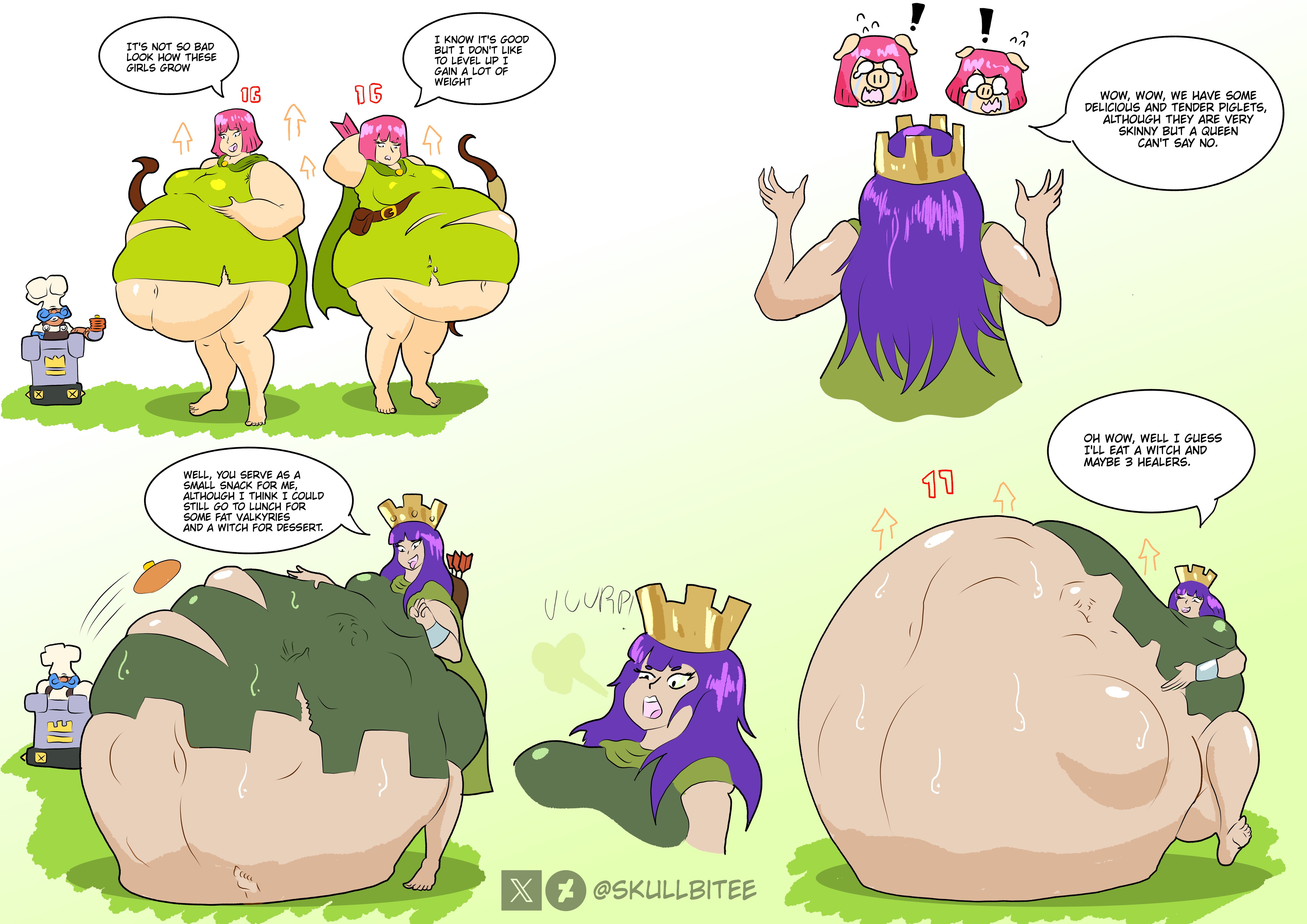 archer (clash of clans), archer (clash royale), archer queen (clash of clans), archer queen (clash royale), burping, clash (series), clash of clans, clash royale, digestion, hungry, hyper, hyper belly, obese, obese female, pig, predator/prey, prey outline, royal chef (clash royale), skullbitee, struggling prey, vore, vore belly, weight gain
