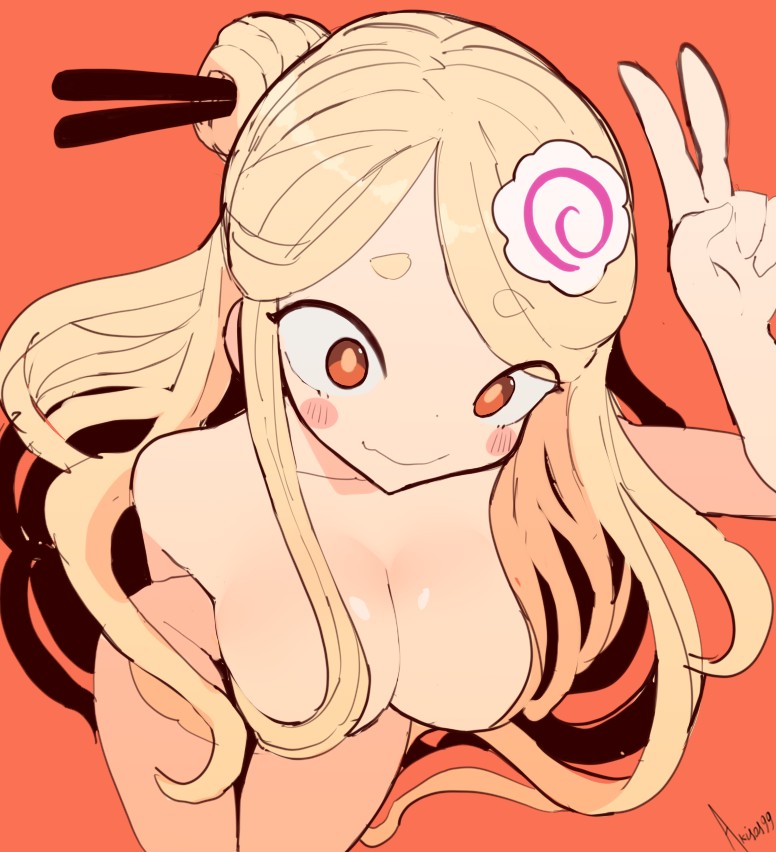 1girl 1girls akisas99 arm_above_head arm_behind_back arm_up background bent_forward bent_over big_boobs big_breasts blonde blonde-haired_female blonde_eyebrows blonde_female blonde_hair blonde_hair_female breasts brown-eyed_female brown_eyes busty busty_female busty_girl closed_mouth_smile completely_naked completely_naked_female completely_nude completely_nude_female exposed eyebrows_visible_through_hair fully_naked fully_nude hair_ornament hair_ornaments hair_pin hairpin hairpins hand_above_head hand_behind_back hand_up large_boobs large_breasts leaning leaning_forward legs_closed legs_together monotone_background naked naked_female naked_woman noodles nude nude_female nudity oc one_color_background original original_art original_artwork original_character original_female_character peace_sign plain_background ramen red_background sidelocks sign smile smiley_face smiling smiling_at_viewer solid_color_background thighs_together topless topless_female v v_sign yellow-haired_female yellow_eyebrows yellow_hair