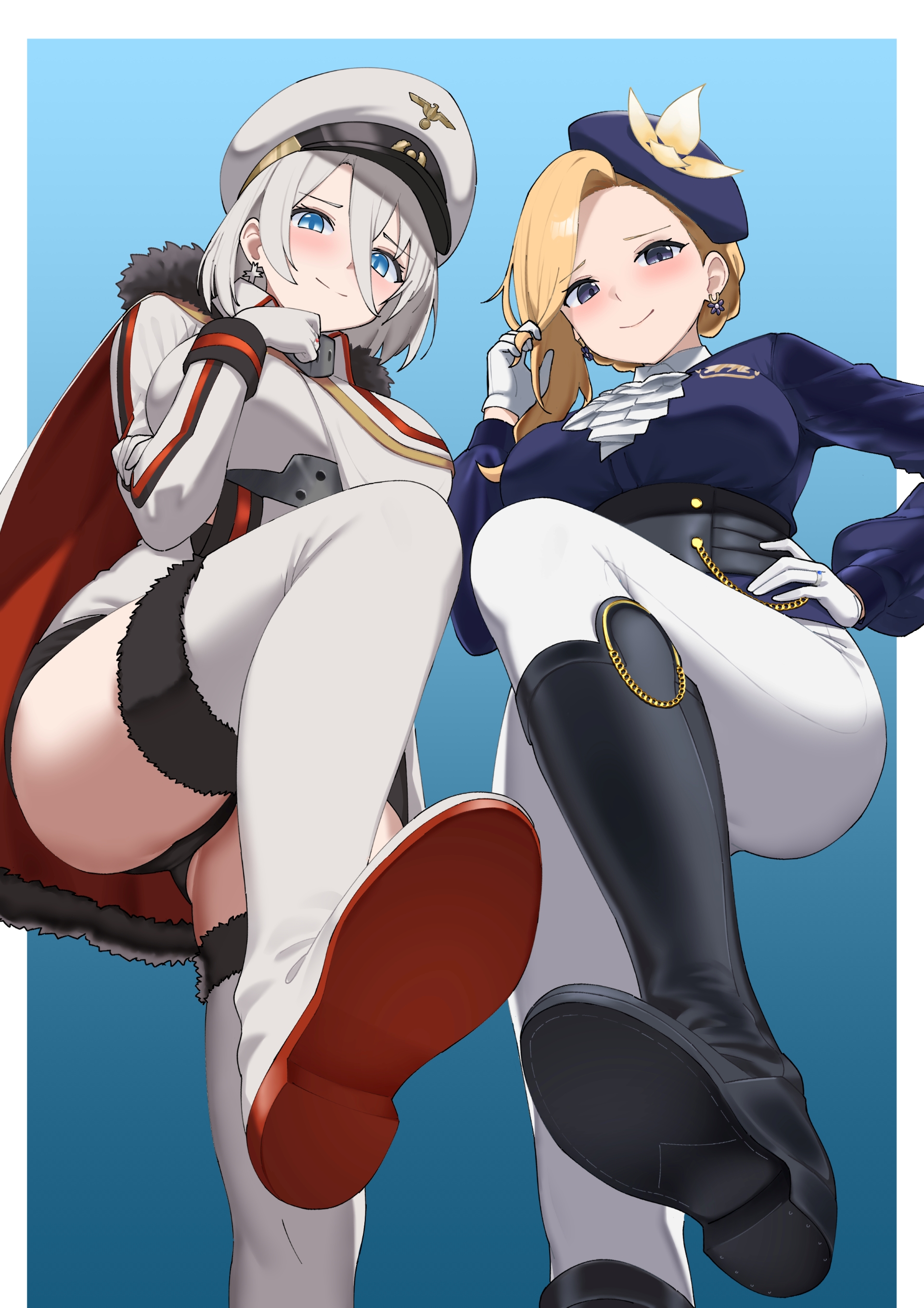 2girls, absurdres, arm under breasts, azur lane, black boots, black panties, blonde hair, blue background, blue eyes, blue hat, blush, boots, border, breasts, cape, commission, dress, earrings, english commentary, female, femdom, from below, fur trim, fur-trimmed boots, fur-trimmed cape, gloves, gradient background, hair between eyes, hand on own chin, hand on own hip, hat, highres, hood (azur lane), hood (gentlewoman and stallion) (azur lane), jacket, jewelry, large breasts, long hair, long sleeves, looking at viewer, military hat, military uniform, multiple females, multiple girls, official alternate costume, panties, pants, parallelrey, peaked cap, riding boots, riding outfit, ring, shoe soles, short hair, smile, standing, tanaka atsuko, thigh boots, tirpitz (azur lane), underwear, voice actor connection, wedding ring, white boots, white border, white cape, white gloves, white hair, white hat, white pants