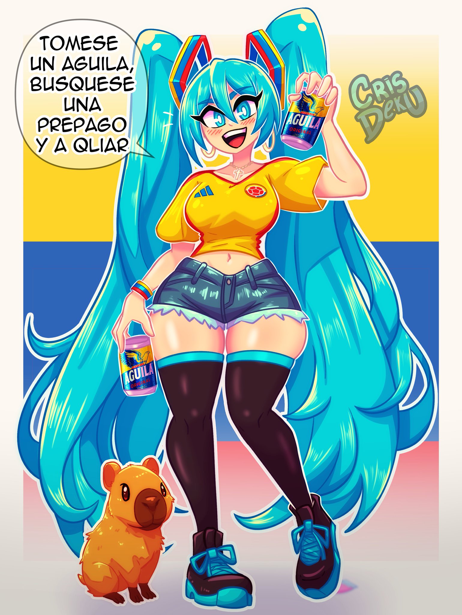 1girl, aqua eyes, aqua hair, big ass, big breasts, big butt, big thighs, big titties, blue hair, bracelet, breasts, can, colombian miku, crisdeku, crop top, crossover, curvaceous, curvaceous female, curvaceous figure, curvy, curvy figure, curvy hips, denim, denim shorts, earrings, english text, female, full body, hatsune miku, holding, jewelry, long hair, looking at viewer, midriff, navel, open mouth, shirt, shoes, short shorts, shorts, smile, sneakers, spanish text, speech bubble, talking to viewer, text, thighhighs, twintails, very long hair, vocaloid, yellow shirt