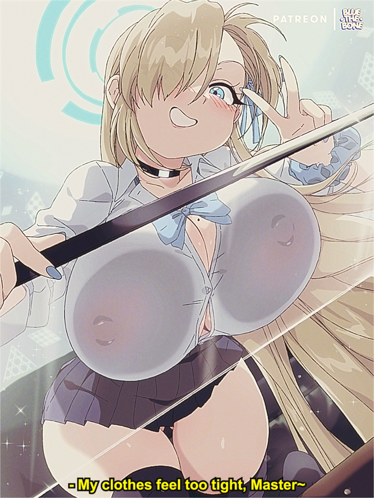1girls, against glass, artist name, ass visible through thighs, asuna (blue archive), asuna (school uniform) (blue archive), asymmetrical bangs, black choker, black skirt, black thighhighs, blonde hair, blue archive, blue bow, blue bowtie, blue eyes, blue nails, bluethebone, blush, bow, bowtie, breast press, breasts, breasts on glass, button gap, cg, choker, cleavage, collarbone, collared shirt, covered nipples, english text, fake screenshot, female, fourth wall, grin, hair over one eye, hair ribbon, halo, huge breasts, ichinose asuna, large breasts, light brown hair, long bangs, long hair, looking at viewer, miniskirt, mole, mole on breast, nail polish, nipples, no bra, no bra under clothes, one eye covered, patreon username, pleated skirt, retro artstyle, school uniform, scrunchie, see-through, shirt, skirt, smile, solo, subtitled, thick thighs, thighhighs, thighs, v, very long hair, w, white shirt, wrist scrunchie