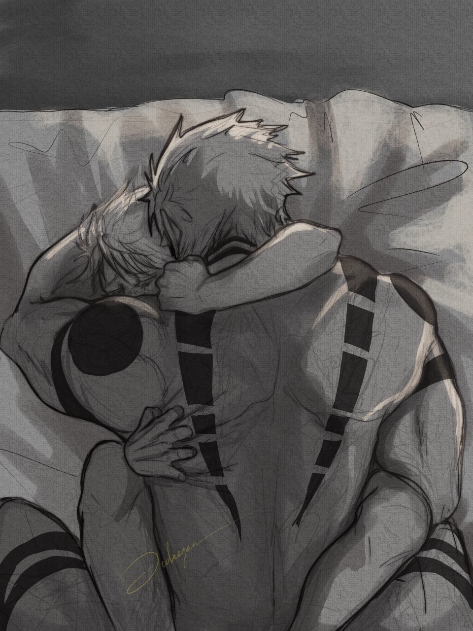 2d, back view, dominant, gay, jujutsu kaisen, male, male/male, muscular, muscular male, ryoumen sukuna (jujutsu kaisen), satoru gojo, size difference, tattoo on back, twink, yaoi