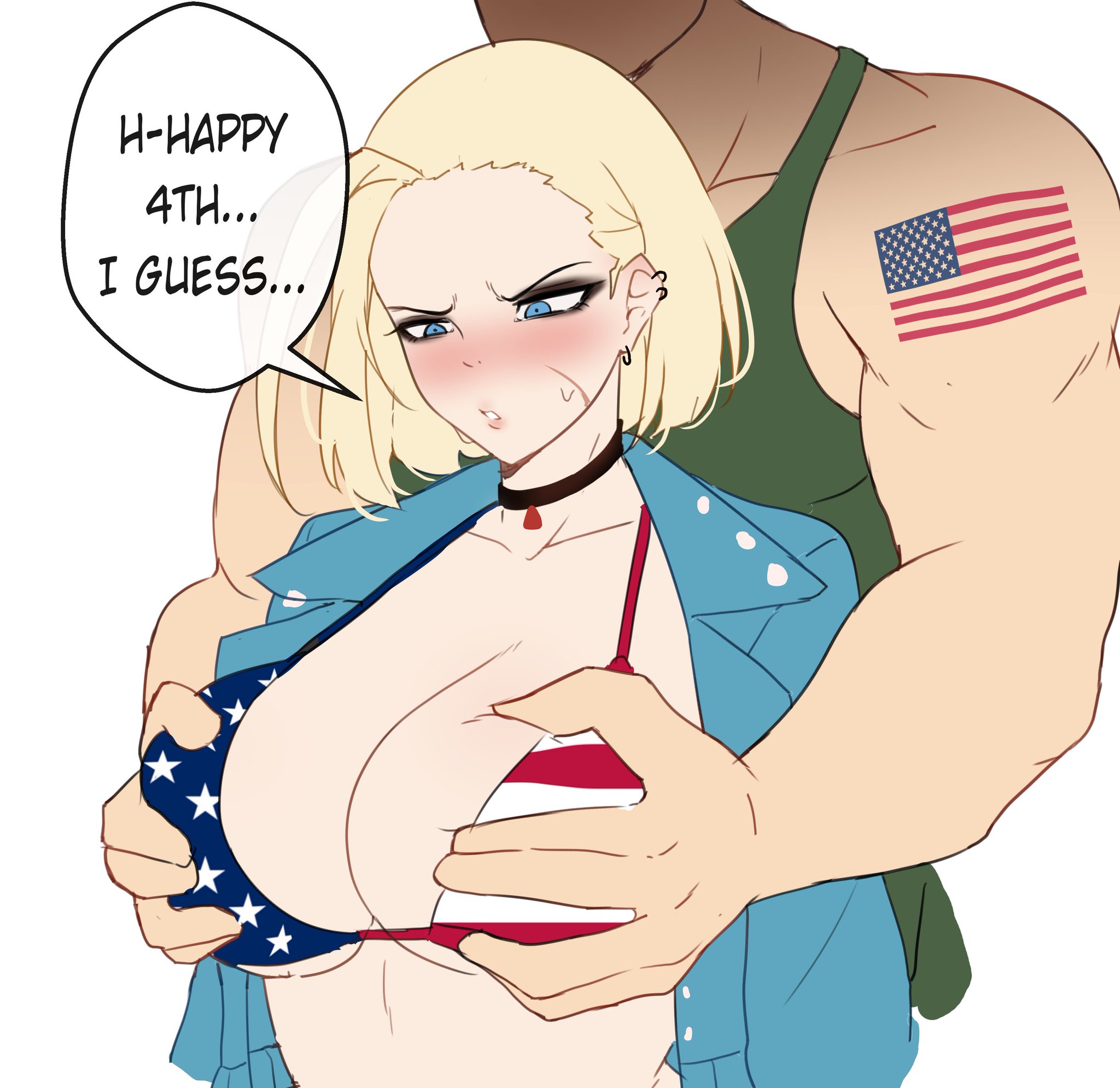 4th of july, american flag bikini, animeattics, blonde female, blonde hair, blue eyes, breast grab, breasts, cammy white, female, flustered, guile, male, muscular, muscular male, open jacket, patriotic clothing, straight, street fighter