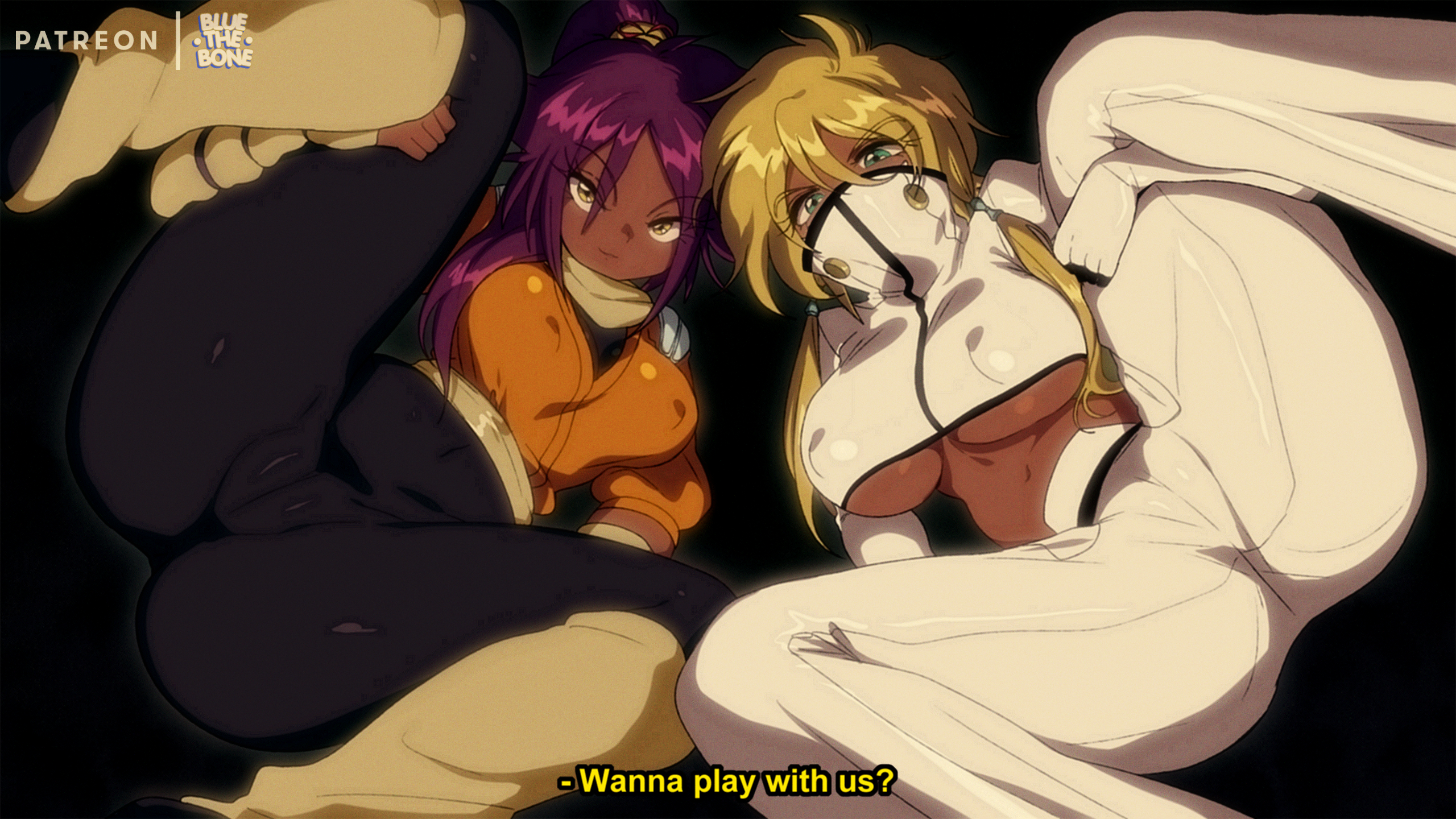 2girls, artist name, ass, big breasts, bleach, blonde hair, bluethebone, breasts, cameltoe, cg, covered mouth, covered nipples, crossover, dark skin, dark-skinned female, duo, english text, female, female only, green eyes, hair between eyes, large breasts, long hair, looking at viewer, mask, mouth mask, multiple females, multiple girls, navel, pants, patreon username, ponytail, purple hair, retro artstyle, shihouin yoruichi, smile, spread legs, subtitled, tia harribel, tier harribel, underboob, white pants, yellow eyes