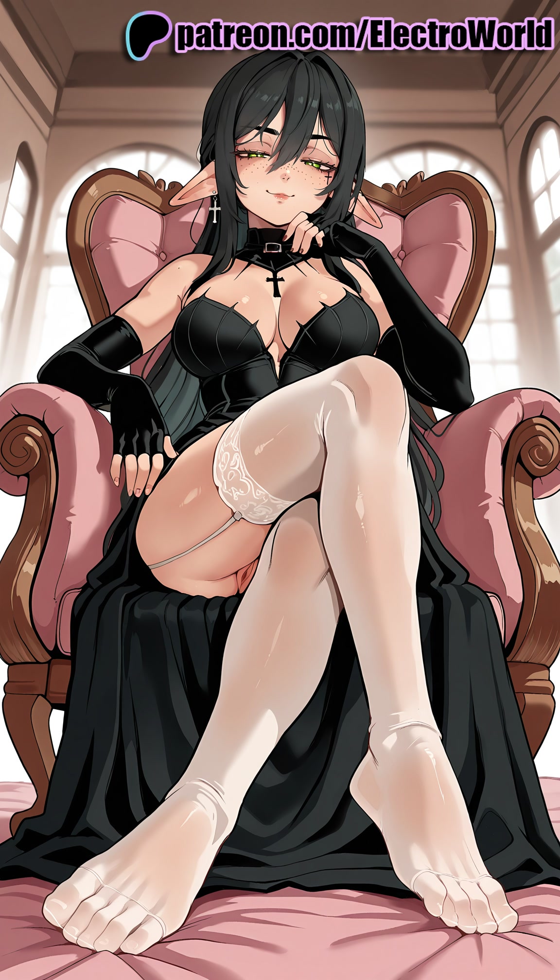 1girls, 2025, ai generated, armchair, artist name, bed, black hair, blush, breasts, bridal gauntlets, bust, chair, chest, crossed legs, elbow gloves, electroworld, elf, feet, feet fetish, female, fingerless gloves, foot fetish, foot focus, garter straps, gloves, hi res, high quality, high resolution, highres, indoors, layna lazar, long hair, looking at viewer, no shoes, patreon, patreon username, pillow, pointy ears, sitting, soles, solo, stable diffusion, thighhighs, toes, virtual youtuber, watermark