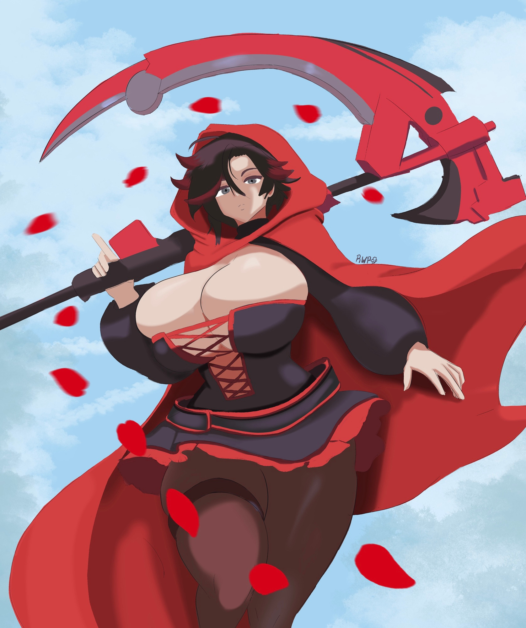 1girls, alternate breast size, breasts, breasts bigger than head, crescent rose, female, female only, huge breasts, light skin, light-skinned female, looking at viewer, rodgewp, ruby rose, rwby, scythe, solo, tagme, weapon