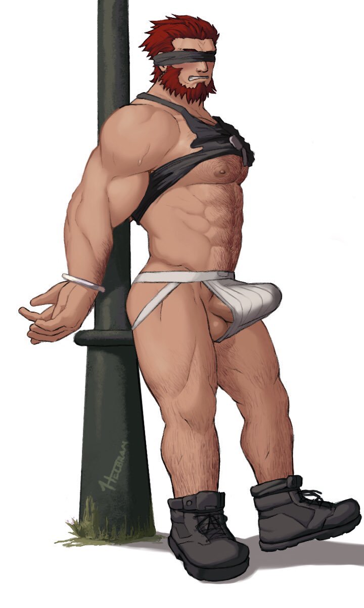 balls bara beard blindfold blindfolded boner bound_to_pole bound_wrists erection facial_hair fate/zero fate_(series) gay hairy iskandar_(fate) jockstrap male male_only muscles muscular pantsless penis red_hair rider shoes solo solo_male tanktop whyhelbram