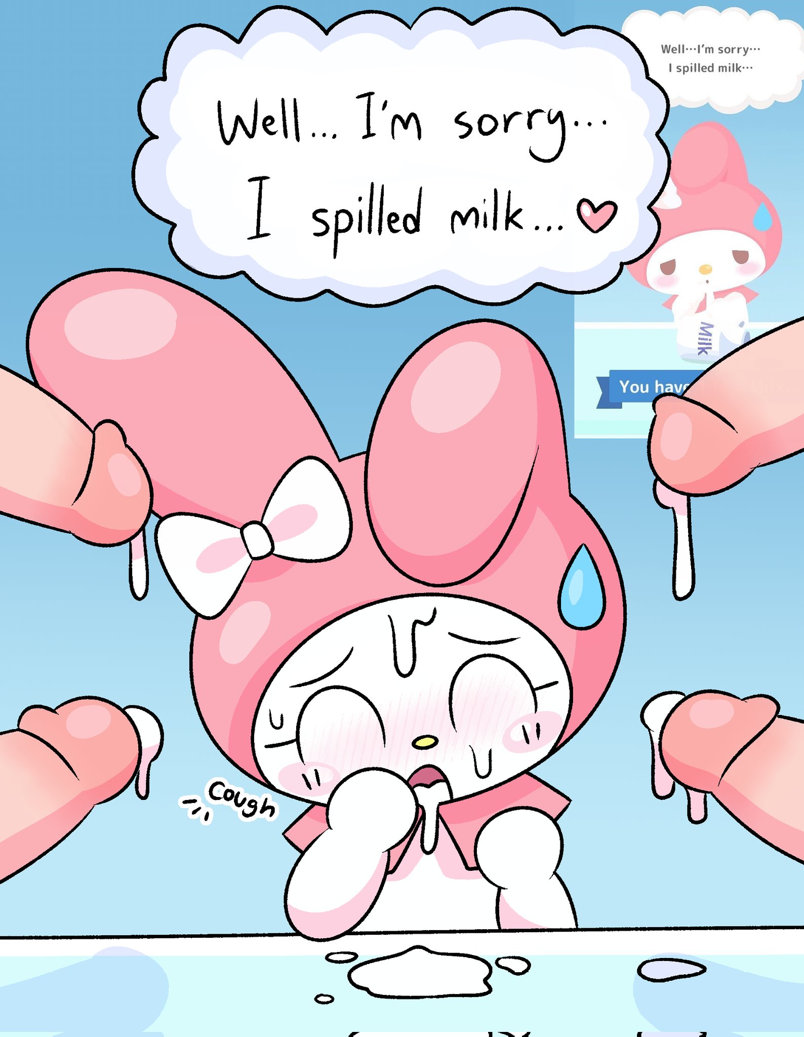 1girls, 2025, 4boys, blush, blush lines, blushing, bow, bunny, bunny girl, cum, cum on body, female, headwear, male, male/female, my melody, onegai my melody, pink hat, sanrio, semen, surjang, sweatdrop, tagme, white fur